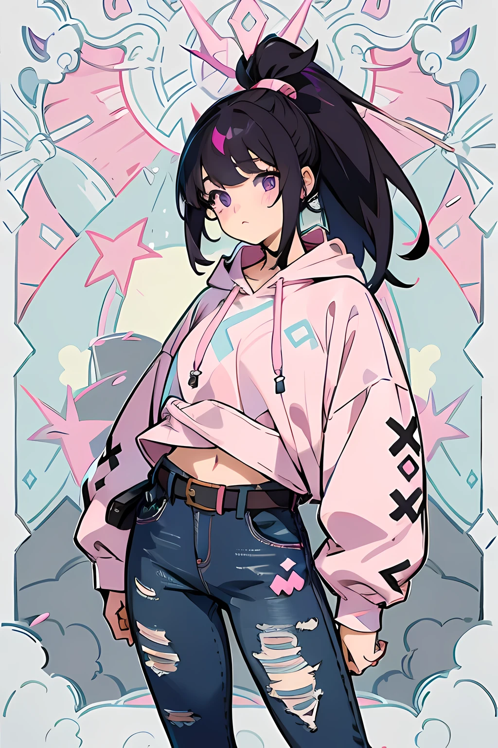 anime girl with purple eyes and black hair tied up in a ponytail, her bangs highlighted pink sticking out, wearing a pastel pink hoodie with the letters "XuKiFPS" written across the chest of the hoodie in black hot pink and light blue. shes also wearing ripped blue jeans and a belt