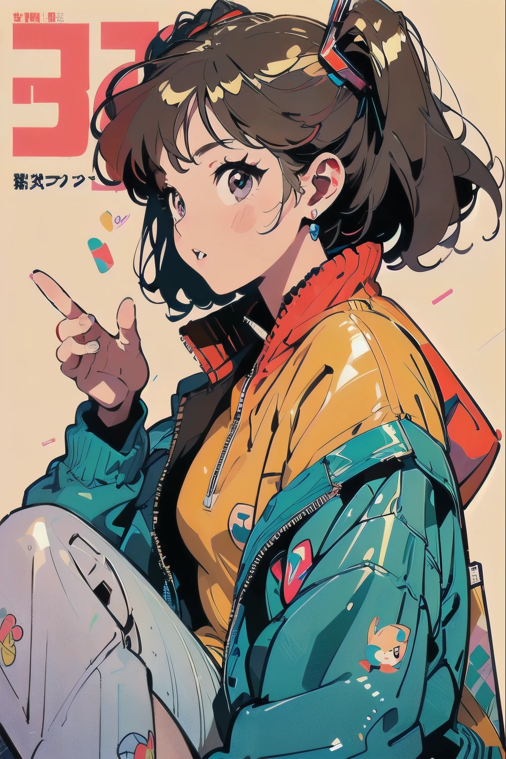 red hair, two side up, red eyes, Red eyelashes, Beautiful Girls in Anime ,clean small surfaces,  (magazine cover:1), ((From the side:1.1))、((Emphasis on lips)), (Lots of stickers:1.5), 1 cute girl, highest quality、ウルトラ - High resolution、High resolution、Detailed CG、8k unit wallpaper、17 years old、fine and beautiful eyes,  (((Different types of colorful super shiny latex swimsuits)))、(shiny body,:1.5)、((Mr.々street fashion、oversized zip-up blouson、long socks、tech sneakers))、Breast augmentation、blush, full of embarrassment、(Ahegao:1.5, stick out tongue), ((portrait))