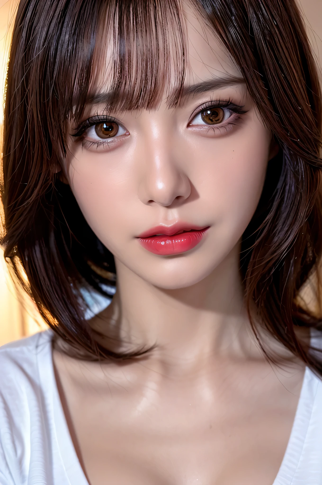 (highest quality、table top、8k、best image quality、Award-winning work)、(one young girl, ************:1.3)、(Perfect V-neck red long knit sweater:1.2)、(red eyeshadow:1.2)、perfect makeup、long eyelashes、Super high-definition sparkling eyes、ultra high definition hair、ultra high resolution glossy lips、Super high resolution perfect teeth、Super high resolution cute face、brown hair、(very short straight hair:1.1)、look at me and smile、[clavicle]、accurate anatomy、(close up of face:1.5)、Luxury love hotel、(The most moody warm lighting:1.2)、blurred background、With bangs、Super high-resolution glossy and moisturized face、Super high resolution glowing skin、most detailed face、Ultra high resolution detailed faces、ultra high resolution hair、Super high resolution sparkling eyes、Beautiful face drawn in every detail、Super high resolution glossy red lips、big breasts、cleavage