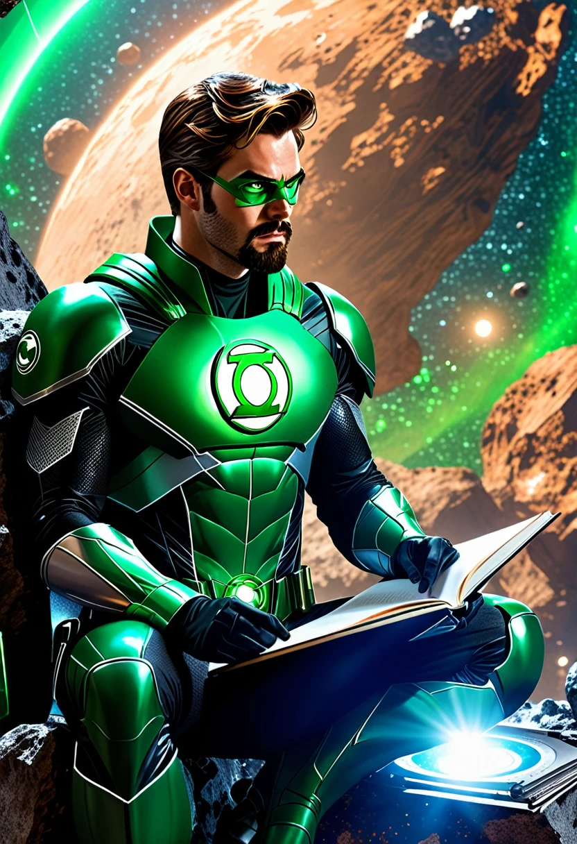 hitomi tanaka, Green Lantern sitting on a research platform floating in the middle of the asteroid belt. she studies with a notebook, surrounded by several asteroids glowing with a fiery aura. Dramatic lighting from distant stars and planets illuminates the scene, casting deep shadows on the costume. The young woman looks confident and determined, looking at the vast and mysterious universe with wonder and respect, facial hair, cowboy shot,