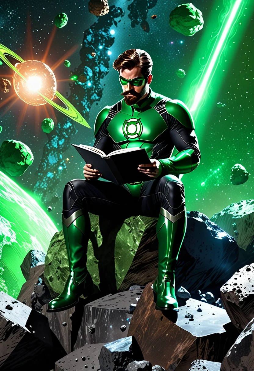 hitomi tanaka, Green Lantern sitting on a research platform floating in the middle of the asteroid belt. she studies with a notebook, surrounded by several asteroids glowing with a fiery aura. Dramatic lighting from distant stars and planets illuminates the scene, casting deep shadows on the costume. The young woman looks confident and determined, looking at the vast and mysterious universe with wonder and respect, facial hair, cowboy shot,