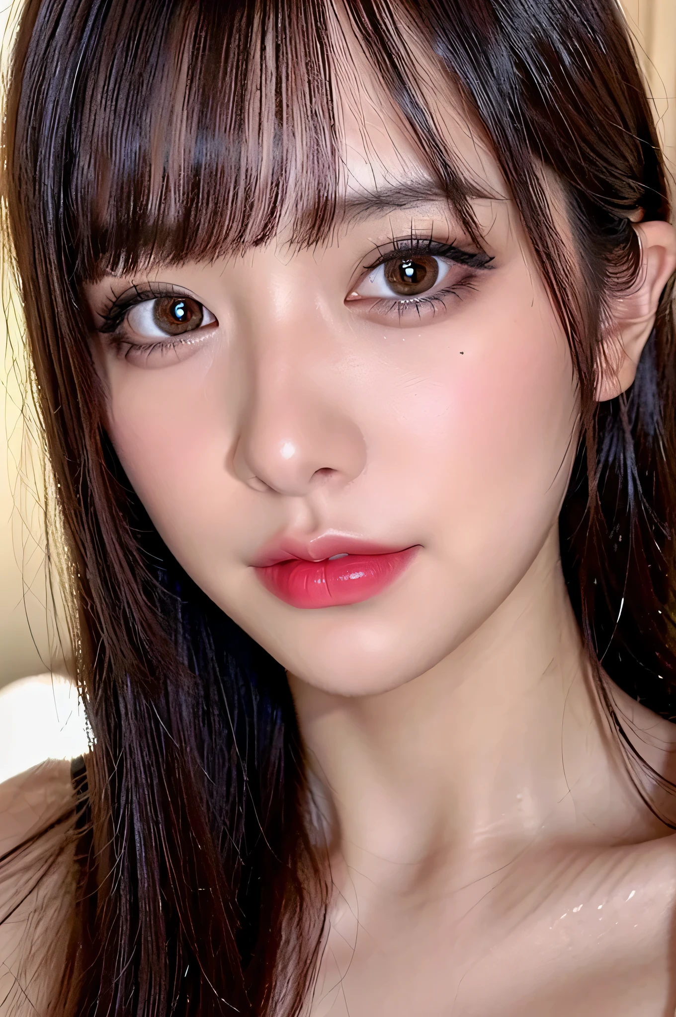 (highest quality、table top、8k、best image quality、Award-winning work)、(one young girl, ************:1.3)、(Perfect V-neck red long knit sweater:1.2)、(red eyeshadow:1.2)、perfect makeup、long eyelashes、Super high-definition sparkling eyes、ultra high definition hair、ultra high resolution glossy lips、Super high resolution perfect teeth、Super high resolution cute face、brown hair、(very short straight hair:1.1)、look at me and smile、[clavicle]、accurate anatomy、(close up of face:1.5)、Luxury love hotel、(The most moody warm lighting:1.2)、blurred background、With bangs、Super high-resolution glossy and moisturized face、Super high resolution glowing skin、most detailed face、Ultra high resolution detailed faces、ultra high resolution hair、Super high resolution sparkling eyes、Beautiful face drawn in every detail、Super high resolution glossy red lips、big breasts、cleavage