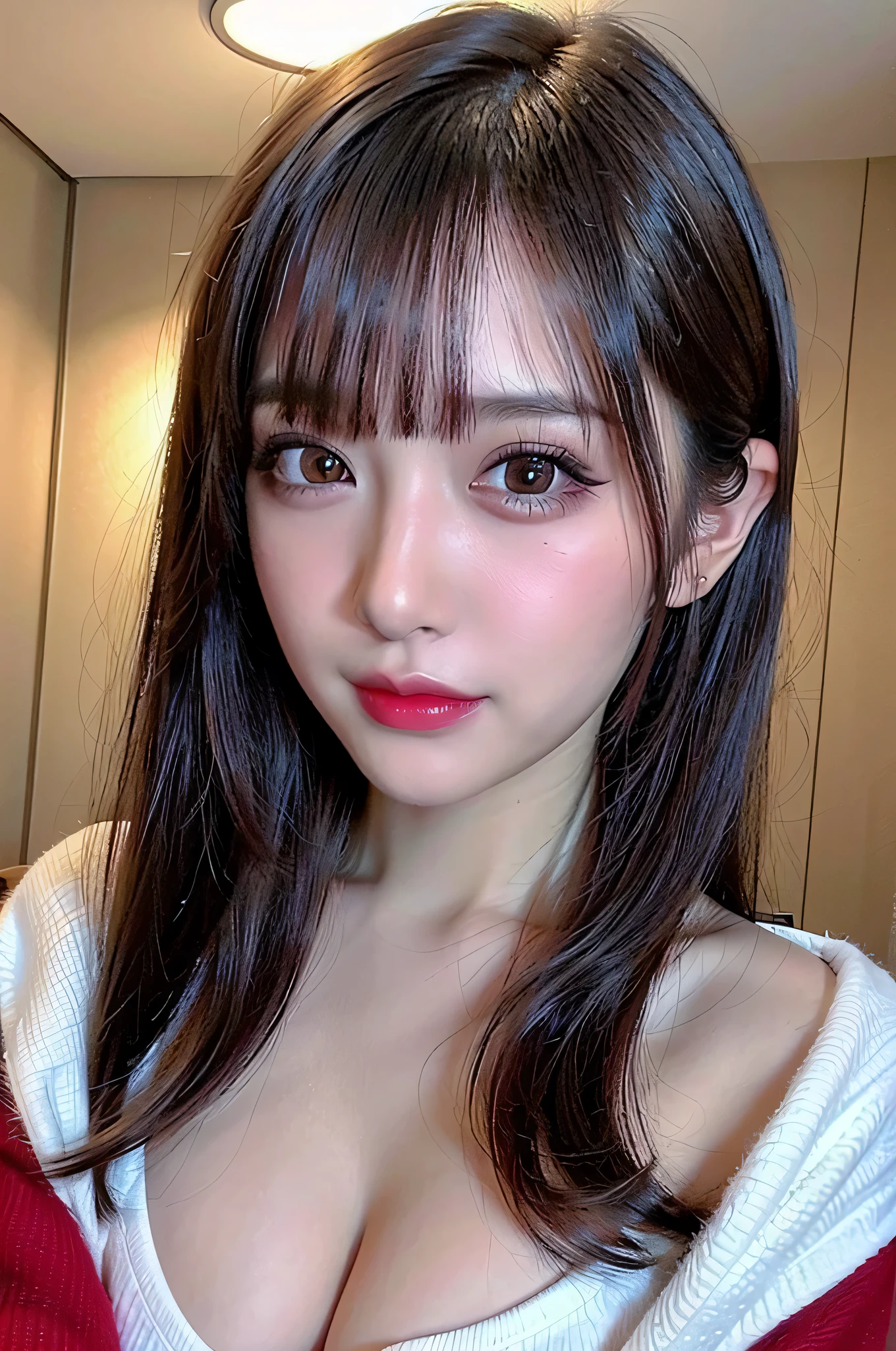 (highest quality、table top、8k、best image quality、Award-winning work)、(one young girl, :1.3)、(Perfect V-neck red long knit sweater:1.2)、(red eyeshadow:1.2)、perfect makeup、long eyelashes、Super high-definition sparkling eyes、ultra high definition hair、ultra high resolution glossy lips、Super high resolution perfect teeth、Super high resolution cute face、brown hair、(very short straight hair:1.1)、look at me and smile、[clavicle]、accurate anatomy、(close up of face:1.5)、Luxury love hotel、(The most moody warm lighting:1.2)、blurred background、With bangs、Super high-resolution glossy and moisturized face、Super high resolution glowing skin、most detailed face、Ultra high resolution detailed faces、ultra high resolution hair、Super high resolution sparkling eyes、Beautiful face drawn in every detail、Super high resolution glossy red lips、big breasts、cleavage