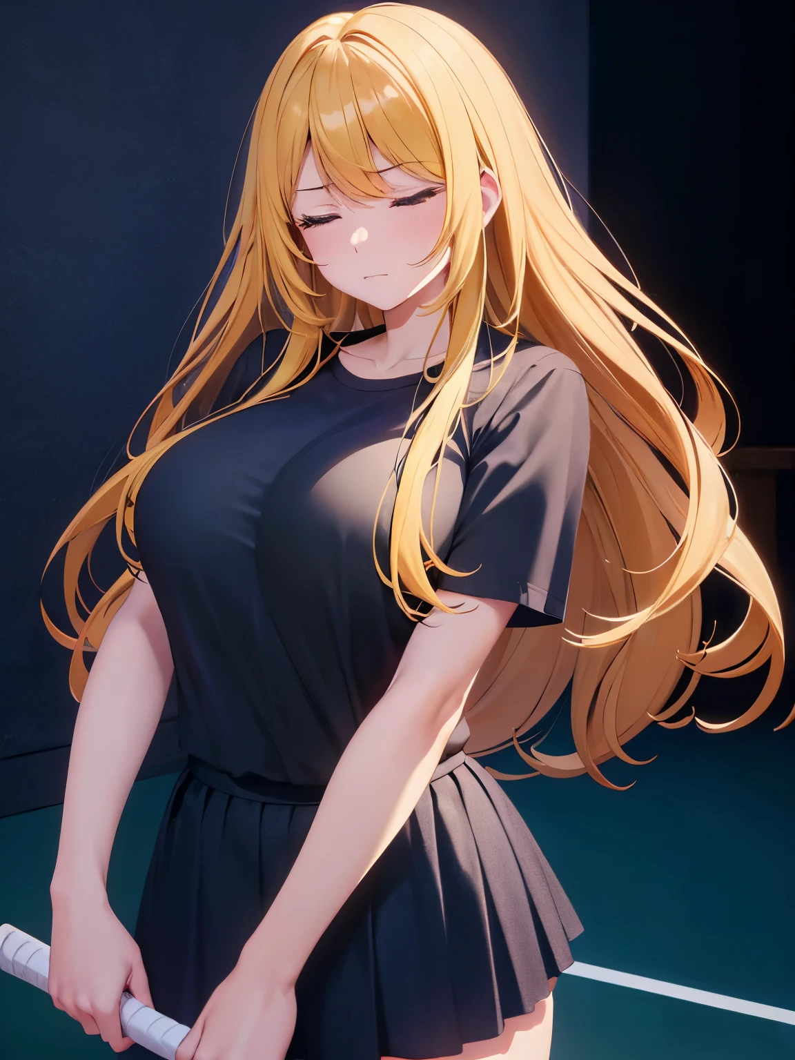 1woman,super beautiful,Morning,standing,morning,blue eyes, sad expression,half body photo,Beautiful eyes, very detailed face,cute, tennis skirt,HD face, perfect face,black t-shirt,black t-shirt,Plain t-shirt,black mini skirt,Very big breasts,Blonde hair,long hair,wavy hair,bangs,blue eyes,ultra detail,ultra Hd, masterpiece,4k