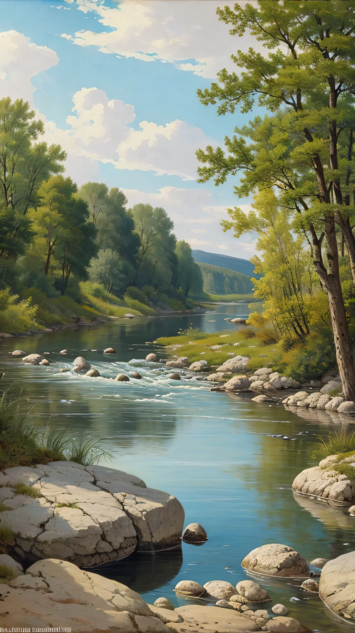 painting of a river with rocks and trees in the foreground, by Martinus Rørbye, by Adolf Hölzel, by Adolf Schrödter, by Karl Otto Götz, by Vilhelm Lundstrom, by Anton Otto Fischer, by Joseph von Führich, by Carl Eugen Keel, by Adolf Born, near a river