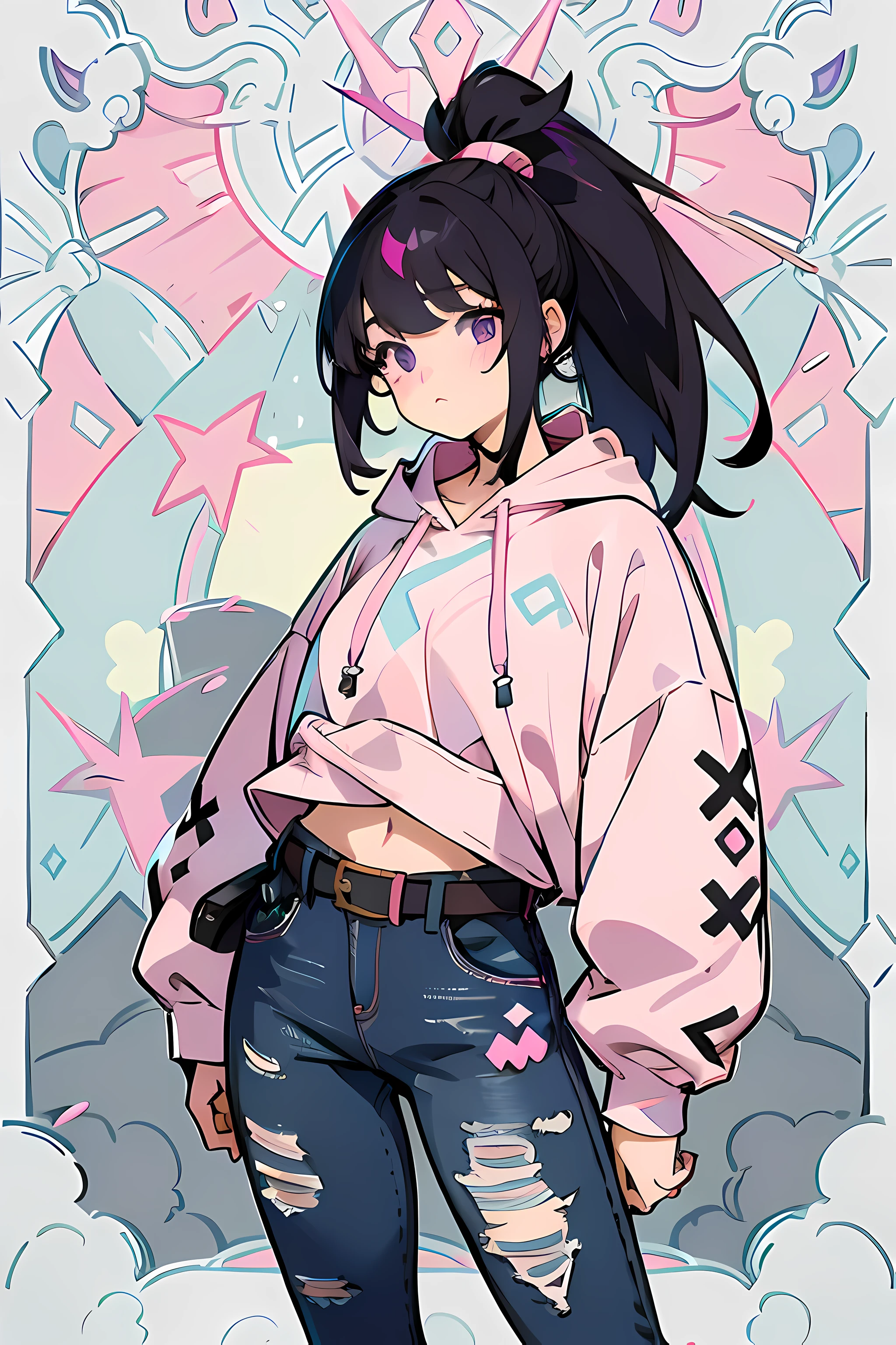Anime girl with a pink shirt and ripped jeans standing in front of a ...