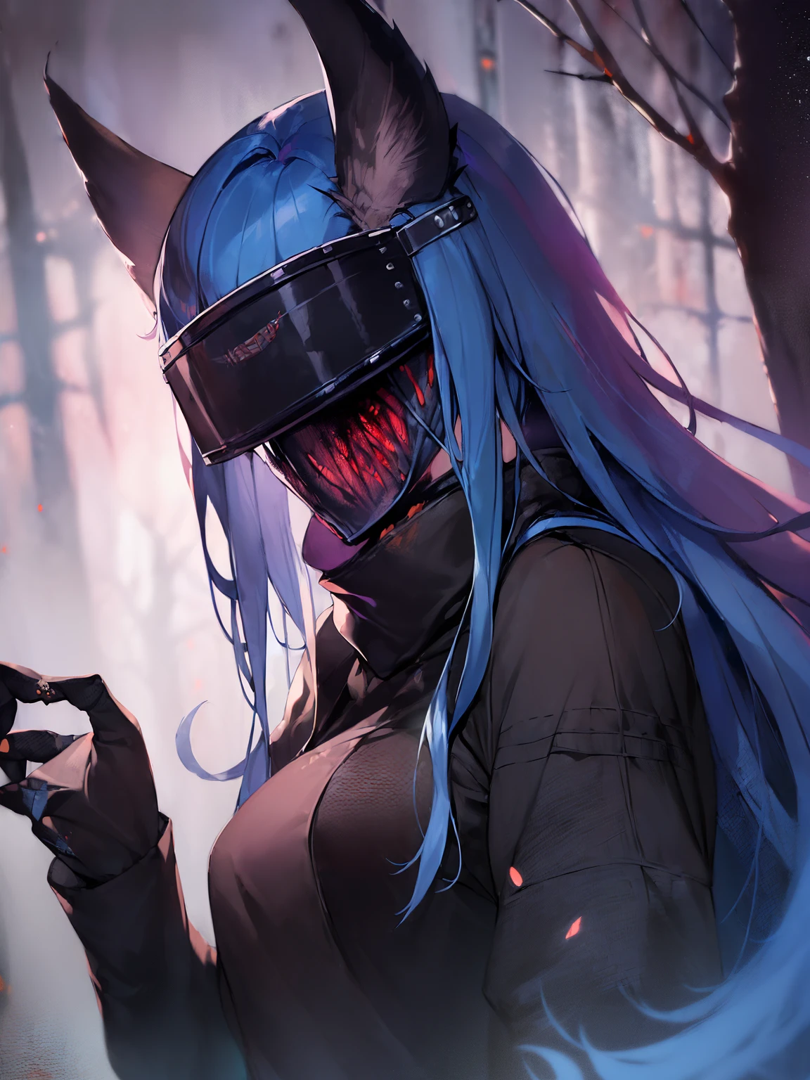 ((horror \(theme\):1.9)), ((full_mask, covered mouth, no human, covered eyes, tears, glowing, scar, helmet)), long hair, blue hair, turtleneck, ((upper body)), 