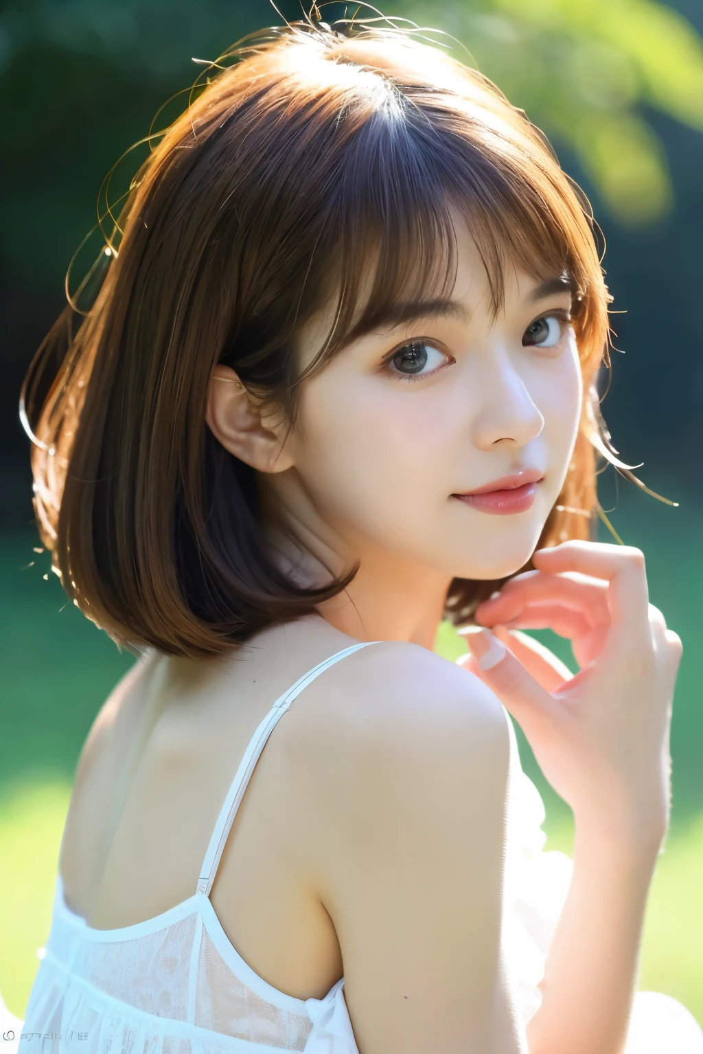 (Raw photo, Best Quality),(Realistic, photo-Realistic:1.3), masutepiece, extremely delicate and beautiful, Extremely detailed, nffsw, Unity , 2k wallpaper, amazing, finely detail, ssmile, Extremely detailed nffsw Unity 8k wallpaper, huge filesize, Ultra-detailed, hight resolution, absurderes, Soft light, bob cuts, short bang, Brown hair, Floating Hair NovaFrogStyle, Beautiful detailed girl, Detailed fingers, Extremely detailed eyes and face, beautiful detailed nose, Beautiful detailed eyes, long eyelashes, Light on Face, Looking at Viewer, 1girl in, Cute, young, Looking at the camera, Mature Face, Full body, Big breasts, Realistic face, Realistic body, beautiful detailed thigh, ulzzang -6500-v1.1, lola:koreanDollLikenesss_v15, The costume: T-shirt, Brown eyes
