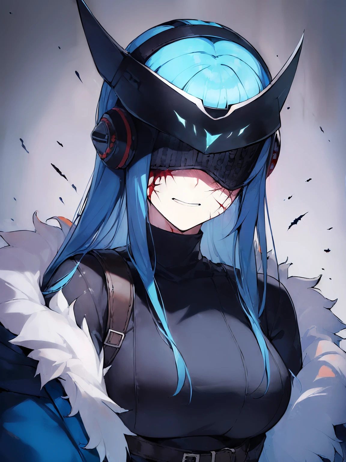 ((horror \(theme\):1.9)), ((full_mask, covered mouth, no human, covered eyes, tears, glowing, scar, helmet)), long hair, blue hair, turtleneck, ((upper body)),