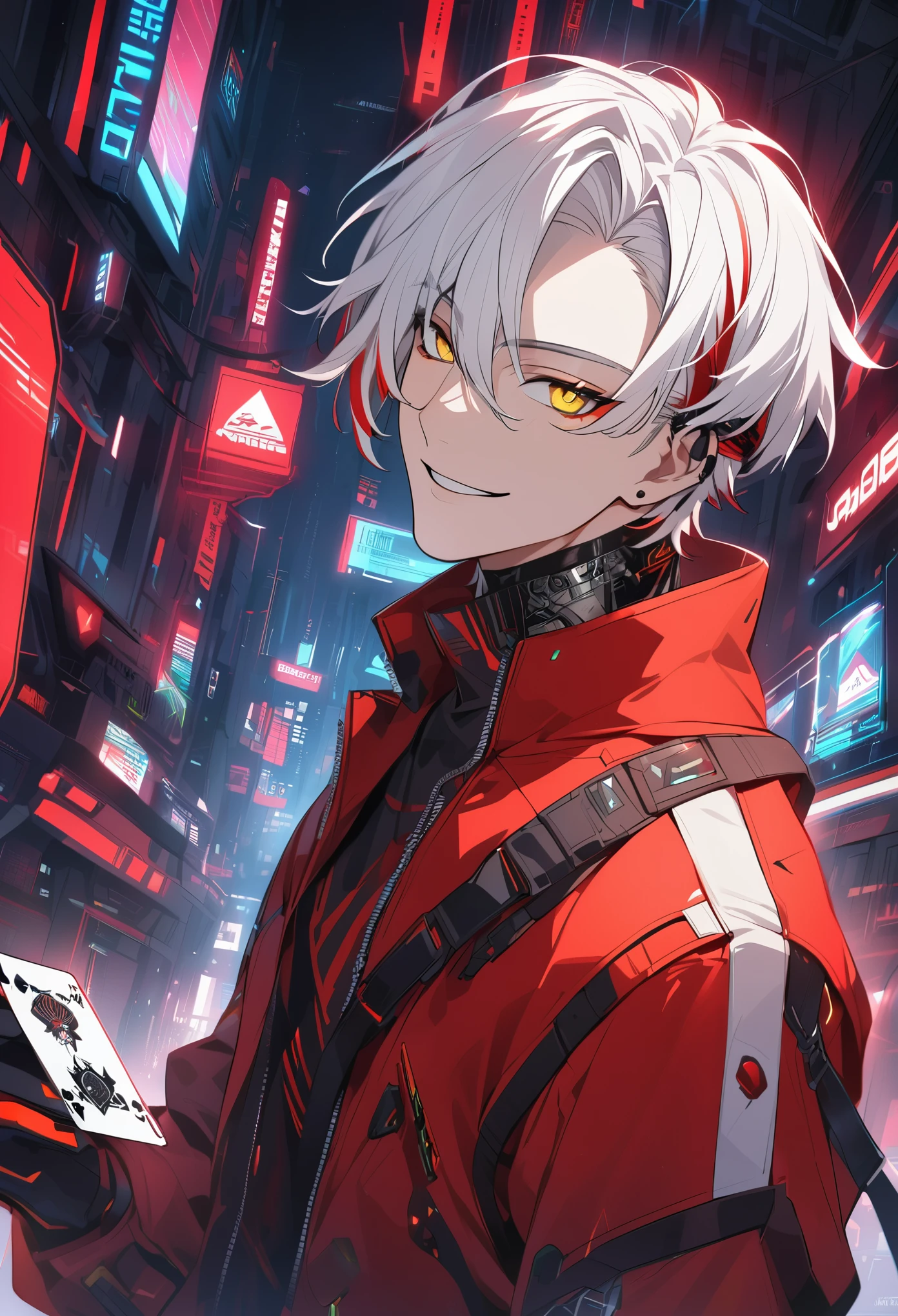 Handsome, solo, 1 male, short hair, white hair, red highlight at hair tips, yellow eyes, white and red clothes, smile facial, futuristic, cyberpunk, cards, dices, gambler