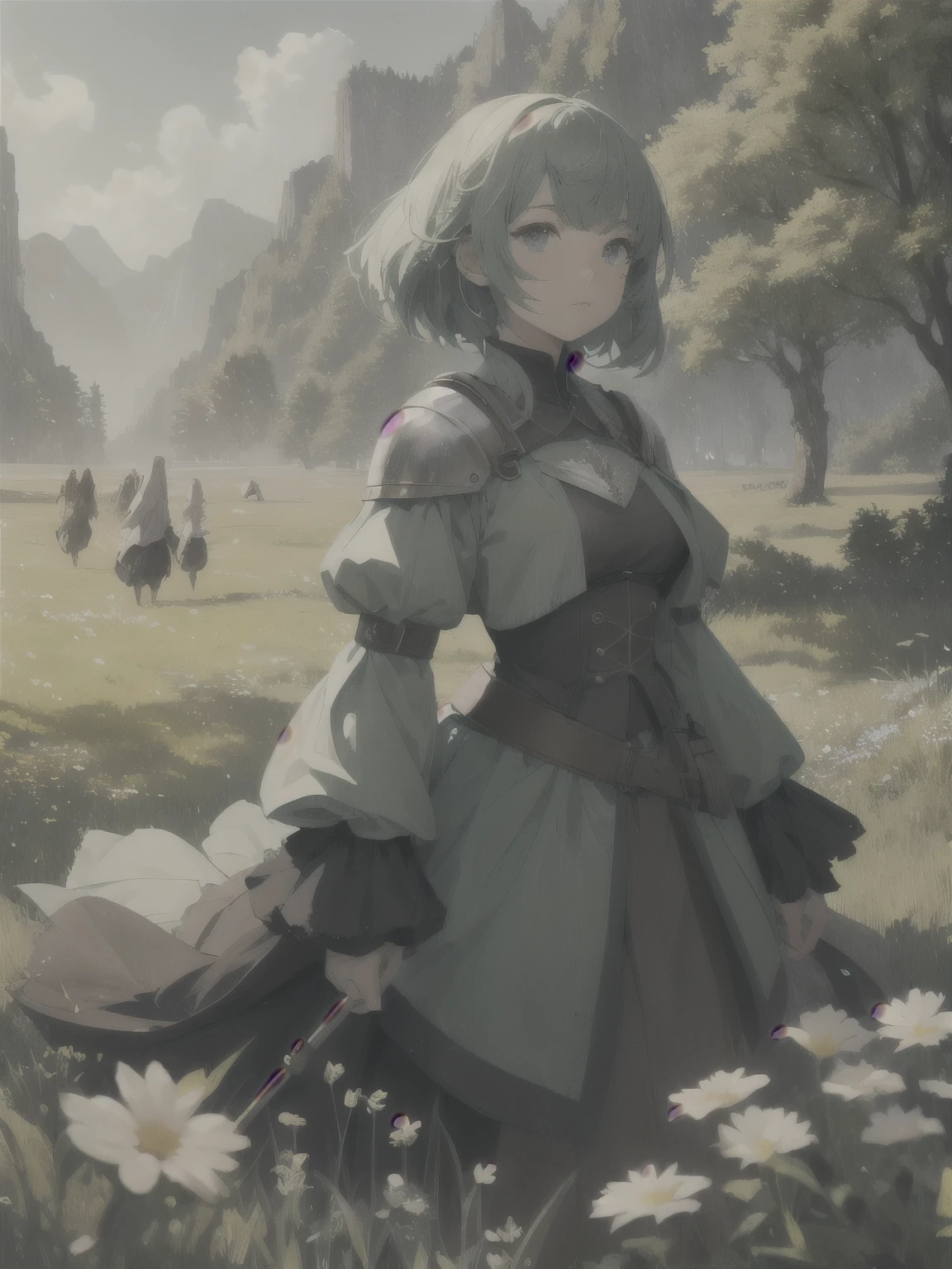 In a green meadow stands a girl leading a group of knights.
BREAK
With a brave expression, she guides them towards their destination.
BREAK
Behind her, a green forest stretches out and beyond that, mountains rise in the distance.
BREAK
The most suitable effect for this scene would be a watercolor painting technique to capture the softness of the meadow and the fluidity of the movement.