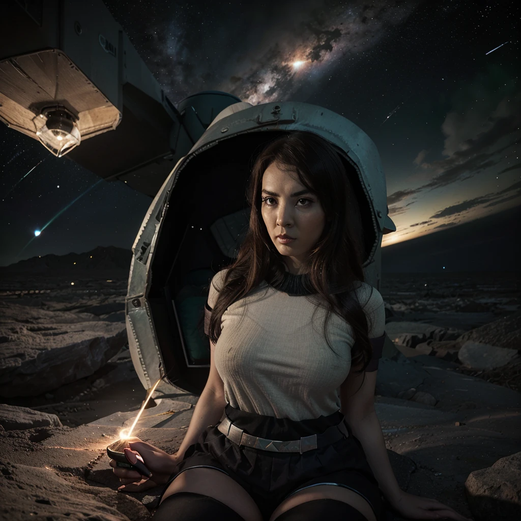 hitomi tanaka, Green Lantern sitting on a research platform floating in the middle of the asteroid belt. she studies with a notebook, surrounded by several asteroids glowing with a fiery aura. Dramatic lighting from distant stars and planets illuminates the scene, casting deep shadows on the costume. The young woman looks confident and determined, looking at the vast and mysterious universe with wonder and respect, facial hair, cowboy shot,