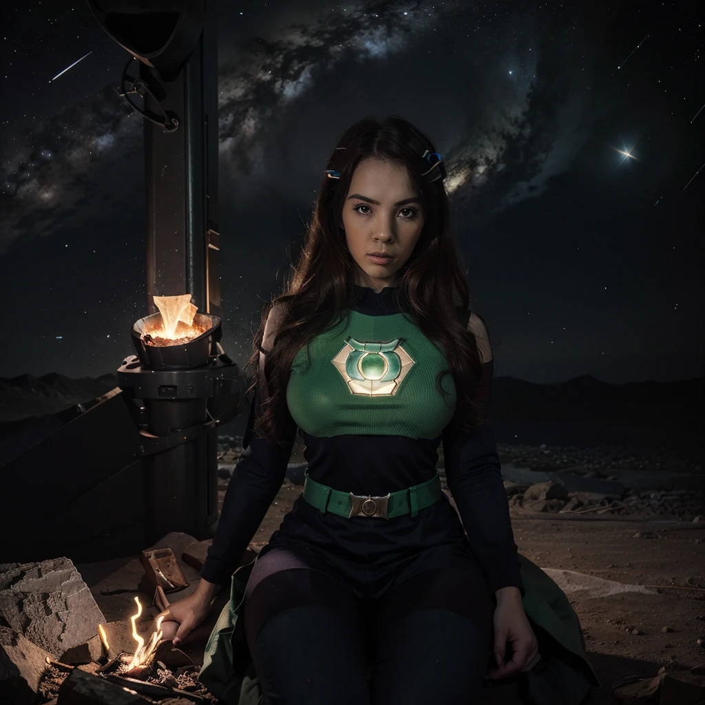 hitomi tanaka, Green Lantern sitting on a research platform floating in the middle of the asteroid belt. she studies with a notebook, surrounded by several asteroids glowing with a fiery aura. Dramatic lighting from distant stars and planets illuminates the scene, casting deep shadows on the costume. The young woman looks confident and determined, looking at the vast and mysterious universe with wonder and respect, facial hair, cowboy shot,