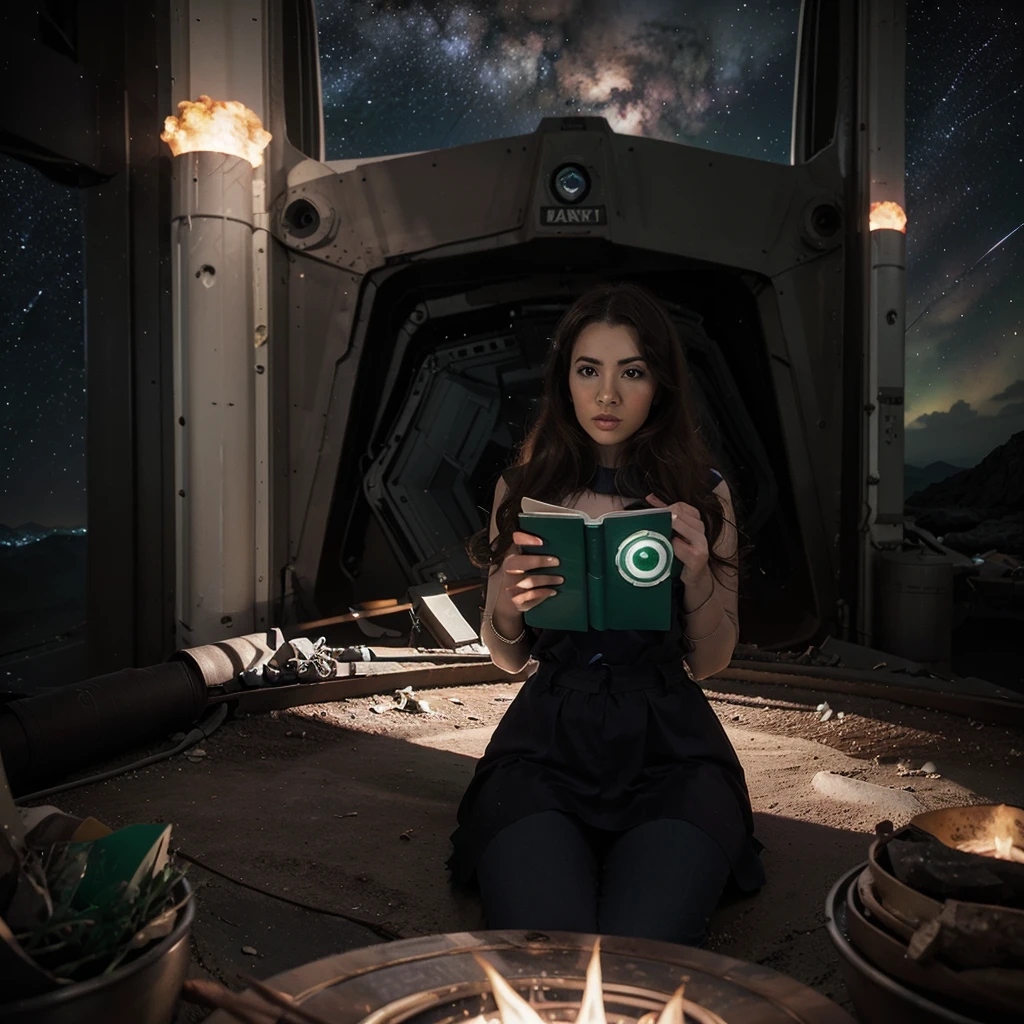 hitomi tanaka, Green Lantern sitting on a research platform floating in the middle of the asteroid belt. she studies with a notebook, surrounded by several asteroids glowing with a fiery aura. Dramatic lighting from distant stars and planets illuminates the scene, casting deep shadows on the costume. The young woman looks confident and determined, looking at the vast and mysterious universe with wonder and respect, facial hair, cowboy shot,