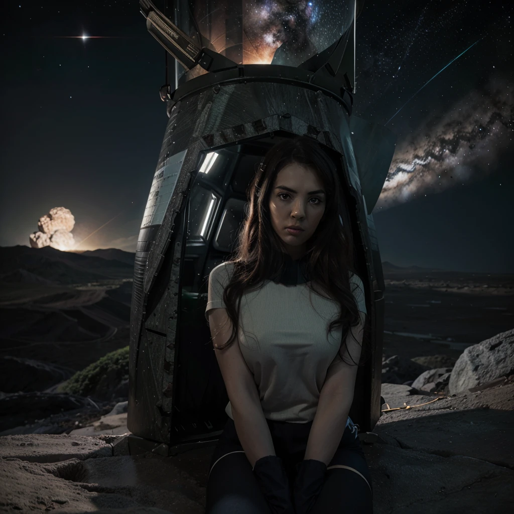 hitomi tanaka, Green Lantern sitting on a research platform floating in the middle of the asteroid belt. she studies with a notebook, surrounded by several asteroids glowing with a fiery aura. Dramatic lighting from distant stars and planets illuminates the scene, casting deep shadows on the costume. The young woman looks confident and determined, looking at the vast and mysterious universe with wonder and respect, facial hair, cowboy shot,