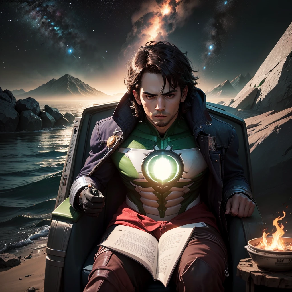 hitomi tanaka, Green Lantern sitting on a research platform floating in the middle of the asteroid belt. she studies with a notebook, surrounded by several asteroids glowing with a fiery aura. Dramatic lighting from distant stars and planets illuminates the scene, casting deep shadows on the costume. The young woman looks confident and determined, looking at the vast and mysterious universe with wonder and respect, facial hair, cowboy shot,