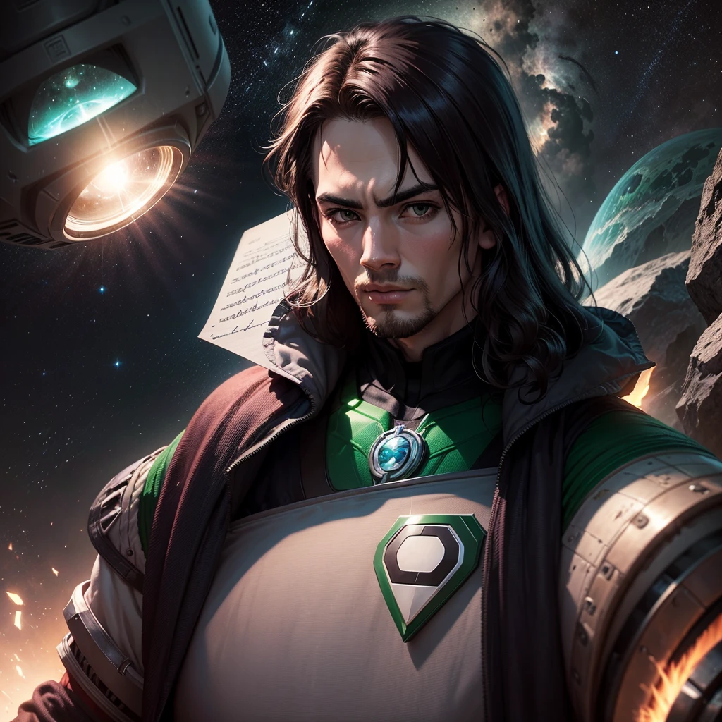 hitomi tanaka, Green Lantern sitting on a research platform floating in the middle of the asteroid belt. she studies with a notebook, surrounded by several asteroids glowing with a fiery aura. Dramatic lighting from distant stars and planets illuminates the scene, casting deep shadows on the costume. The young woman looks confident and determined, looking at the vast and mysterious universe with wonder and respect, facial hair, cowboy shot,