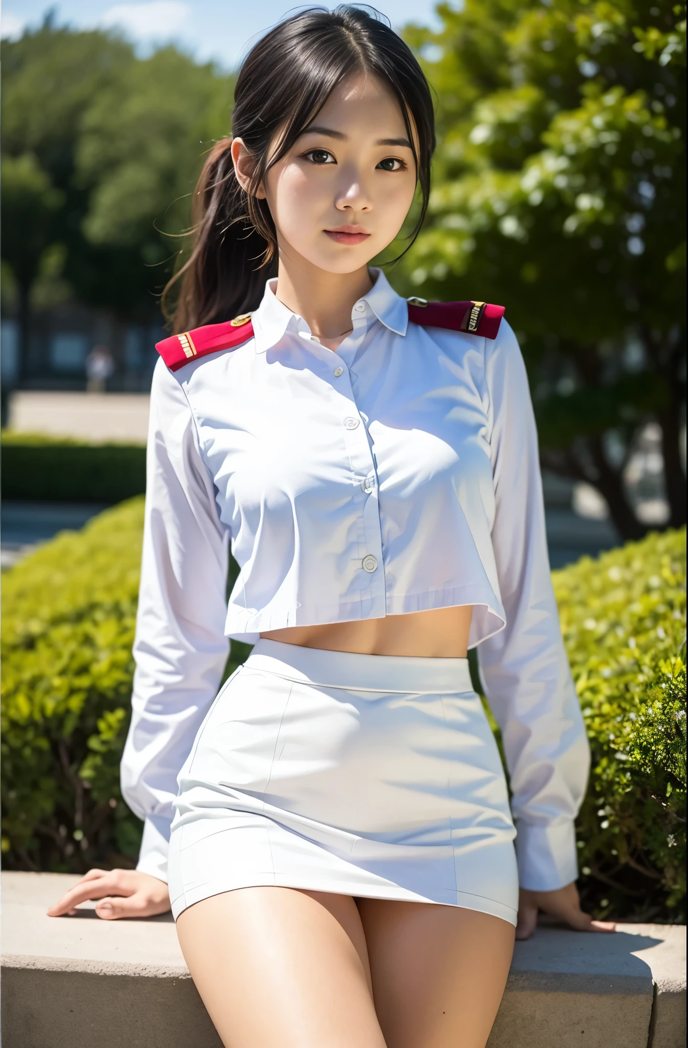 real photos、Highest im年 quality、realistic、Beautiful woman、beautiful thighs、beautiful face、real im years、federal army uniform miniskirt、ponytail、Yuriko Yoshitaka、************ Japanese female、Zuo々Ki Nozomi:1.4、pretty girl、white pantiesが見える、1６age、（white panties:1.3）、super mini skirt、beautiful thighs、white panties、ピンクのミニスカートがめくれてwhite pantiesが見えてる