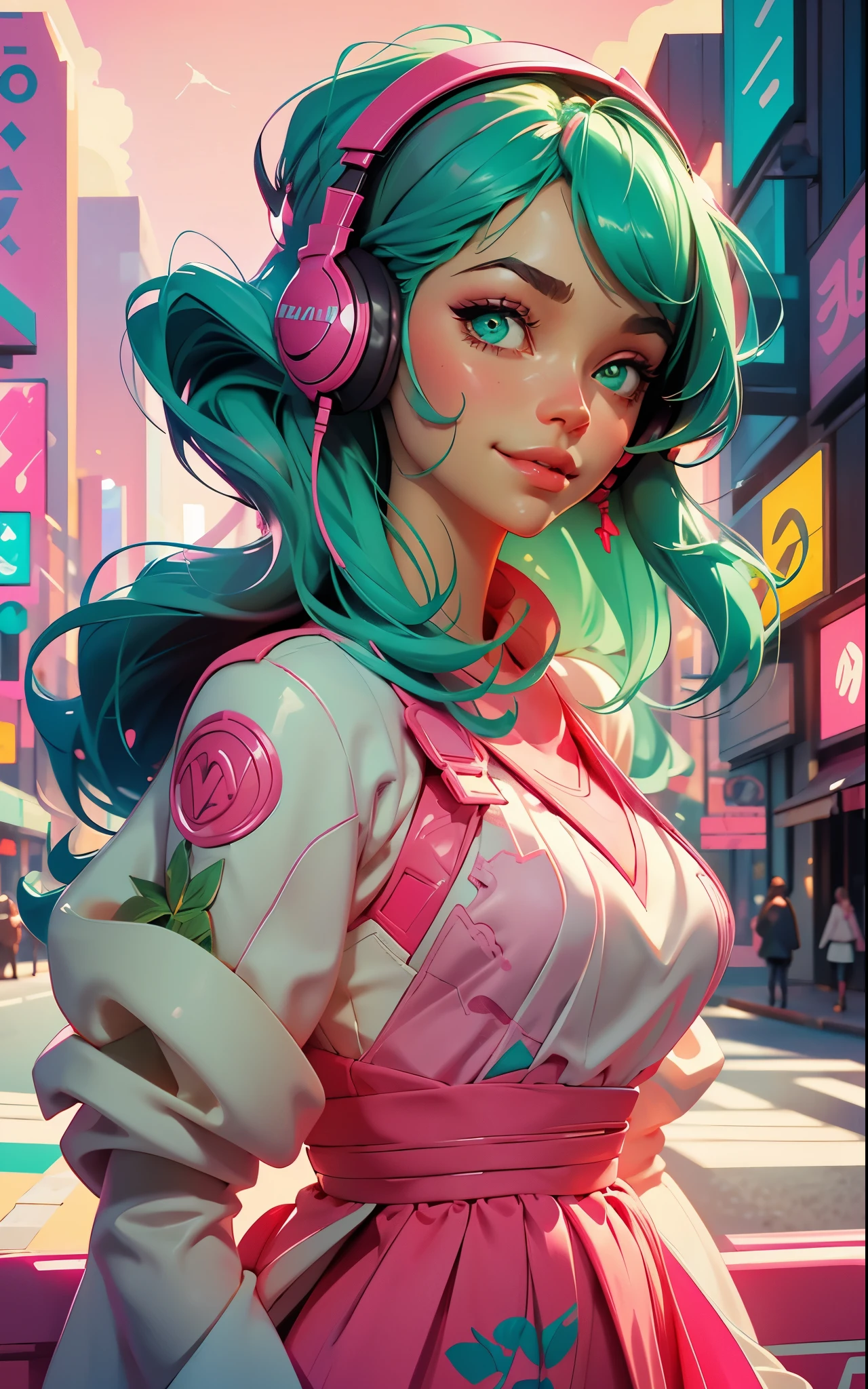 pink dress, smile, model girl wearing headphones, city background, emerald green eyes, intricate details, aesthetically pleasing pastel colors, poster background, art by conrad roset and ilya kuvshinov