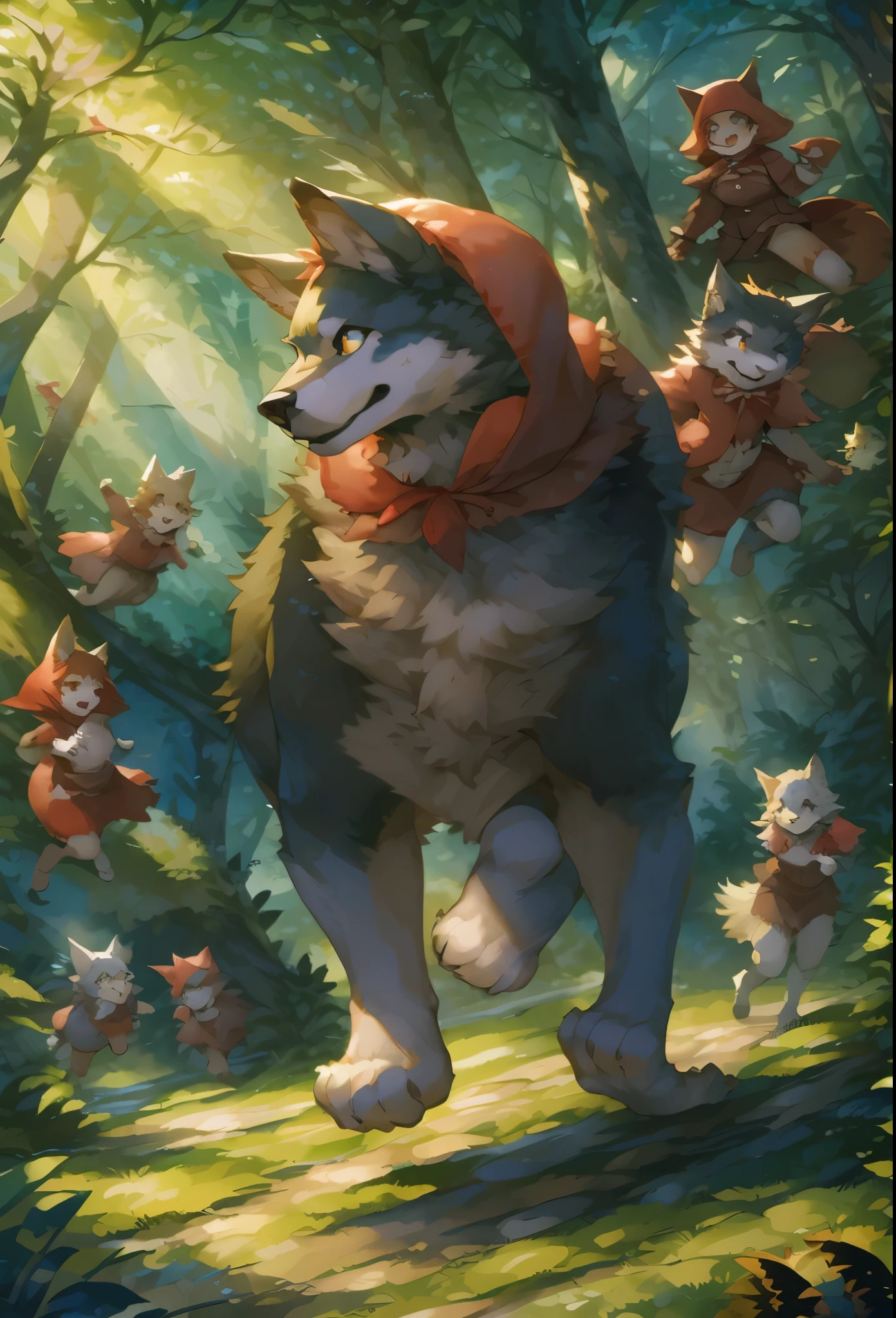 top quality, best quality, High-quality illustrations, masterpiece, super high resolution, detailed background, Little Red Riding Hood, forest, A wolf chases a girl, 6+boys, 6+girls, absurdres(highly detailed beautiful face and eyes)perfect anatomy, expression, good lighting, cinematic shadow(kemono, furry anthro)assorted poses, dynamic angle,