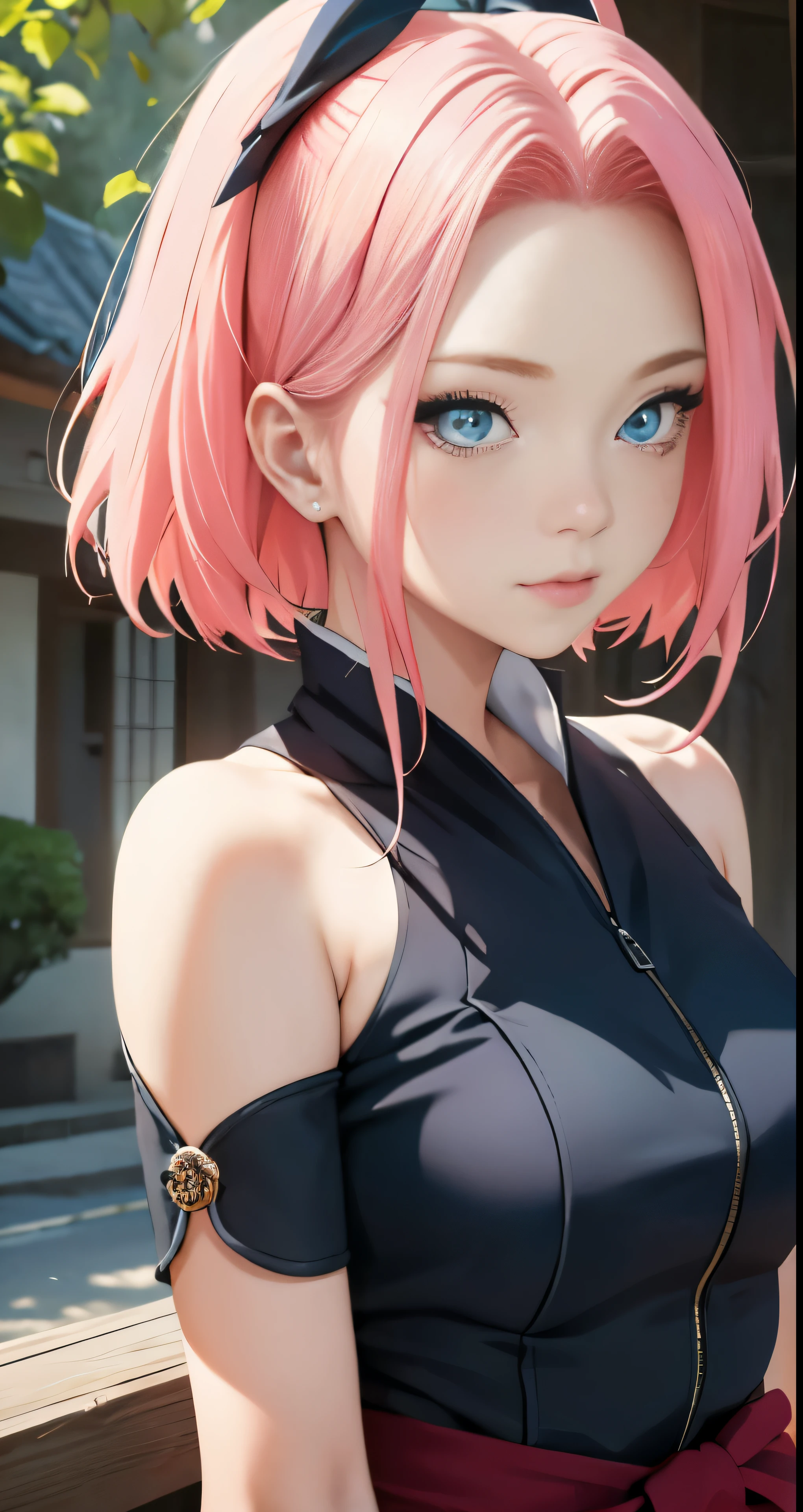 (((High-resolution))) RAW photo of a breathtaking (((masterpiece))), featuring the charming Micchon Shikimori with her vibrant pink hair. The solo shot captures the essence of her beauty as she poses gracefully in an outdoor setting. The image is a testament to the skillful attention to detail, not only in Micchon's enchanting features but also in the intricately designed background. Her captivating blue eyes are exquisitely detailed, drawing the viewer into their depths.