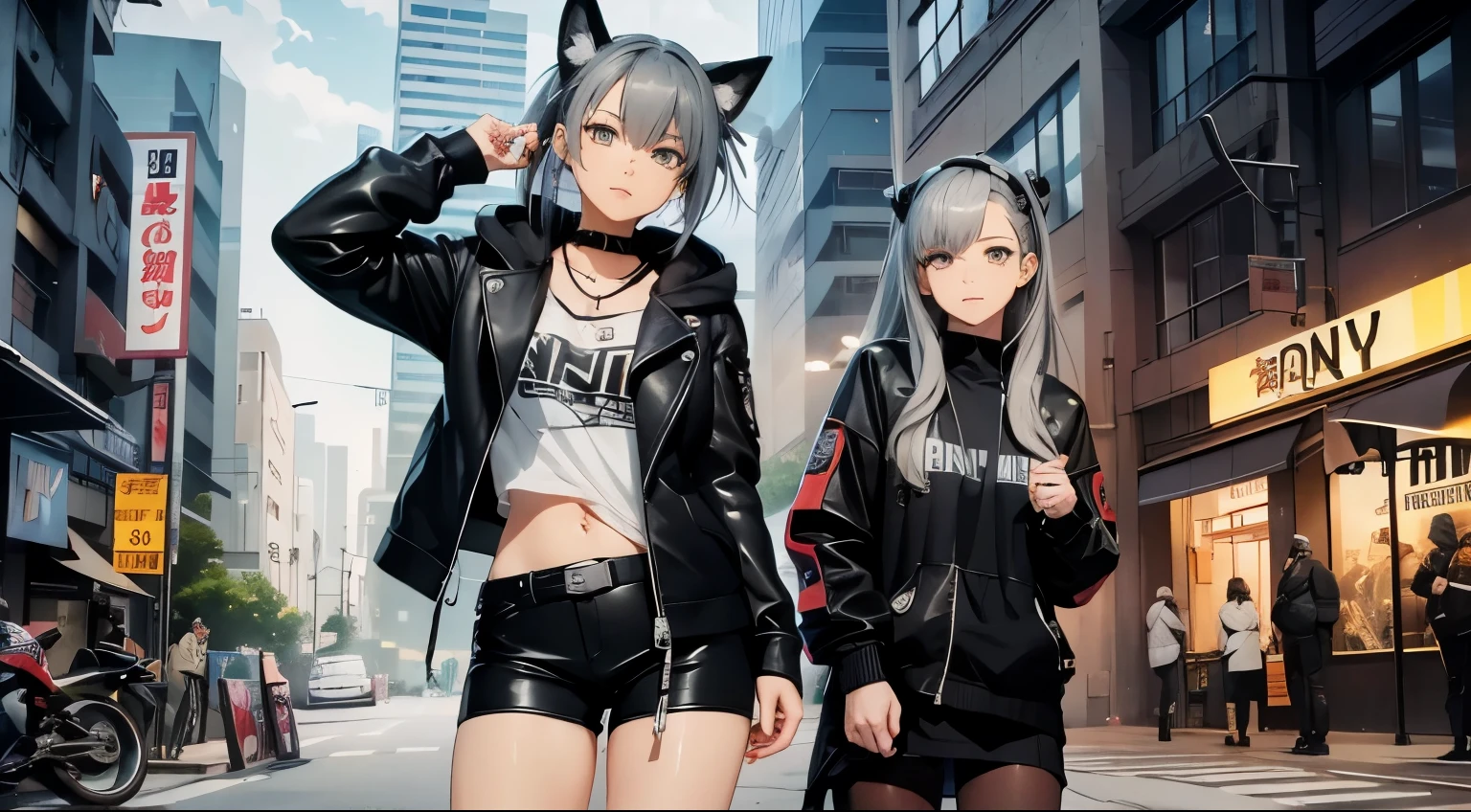 high quality、cyber punk、girl2people、mechanic、comical、anime style etc.、gray hair、bike、leather jacket、punk coloring、city、ナイトcity、Street style、graffiti、hoodie、middle age、tall woman、military、Knee-high boots、weapons、night、二people組、teammates、The touch of the picture is black lagoon style