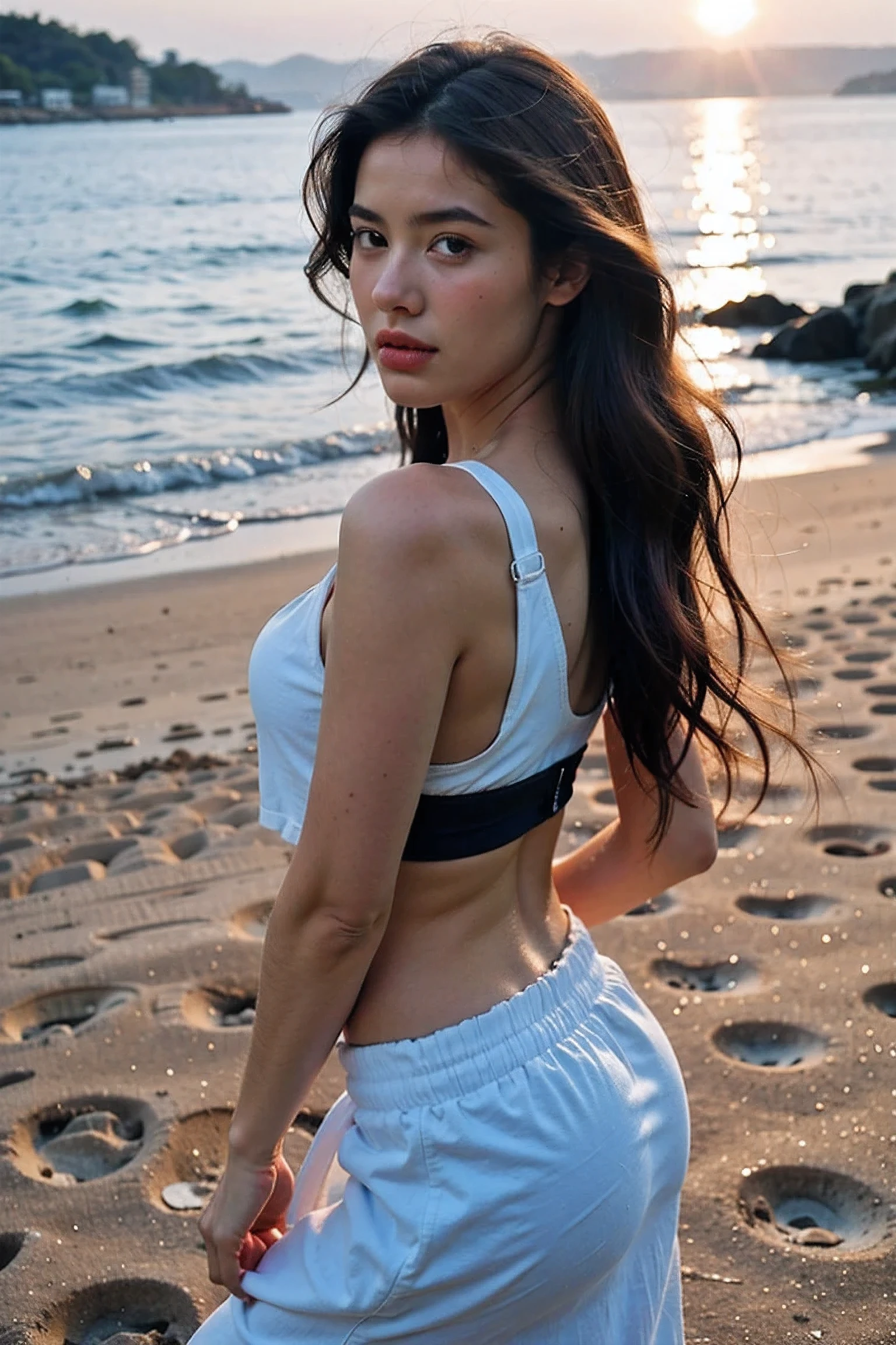 Realistic Photography, Beautiful Female Long hair ,beach