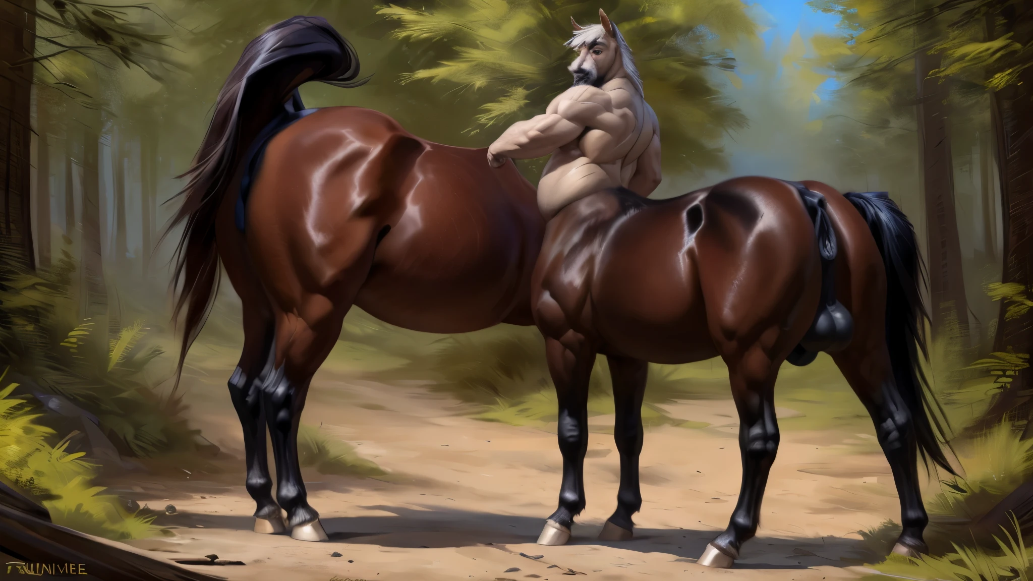 by taran fiddler, by Chunie, by sethiova, centaur, old, hot forest, male, grandpa, solo, hooves, white fur, anatomically correct equine lower half, naked, horse tail, symmetrical eyes, chubby, belly, wide hips, curvy, thick thighs, bubble butt, fat ass, giant butt, big perineum, anus, spreading butt, backsack, big balls, elderly male, face wrinkles, tired eyes, drooping eyes, mustache, facial hair, thick eyebrows, raised tail, penis in between legs, anatomically correct equine penis, penis sheath, thick cock, sweating, leaking cum, excessive cum