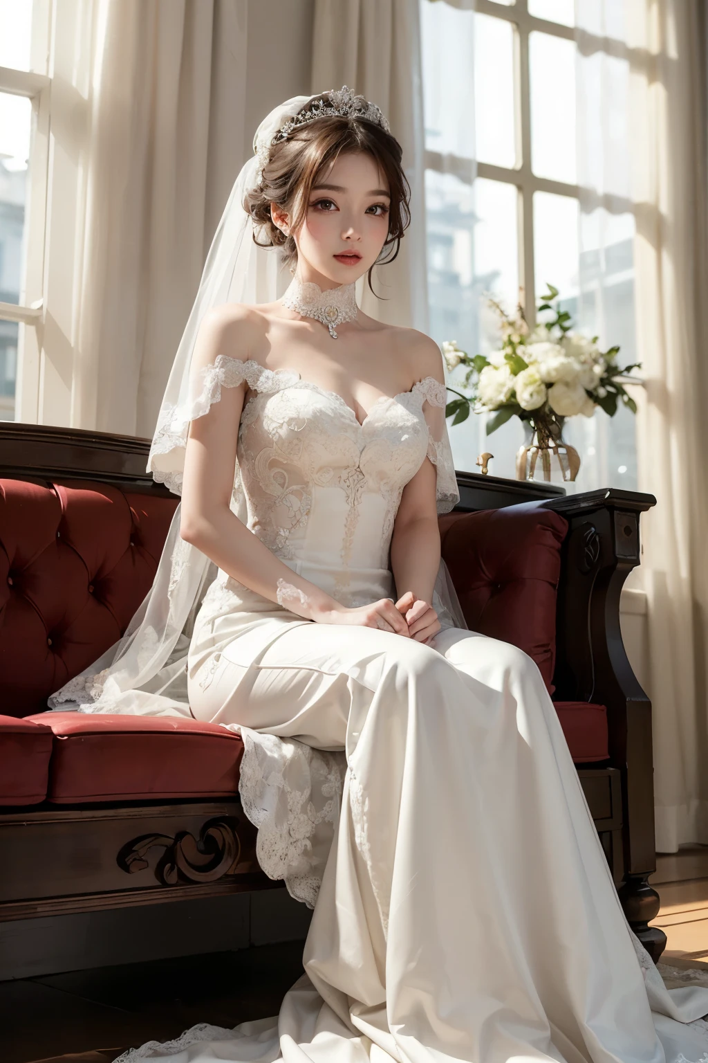 ((best quality)), ((masterpiece)), (detailed), perfect face, Araffed woman sitting in wedding dress, korean beauty, Pure white elegant wedding dress, Veil reaching to the floor, Sunlight shining on white curtains, different actions,