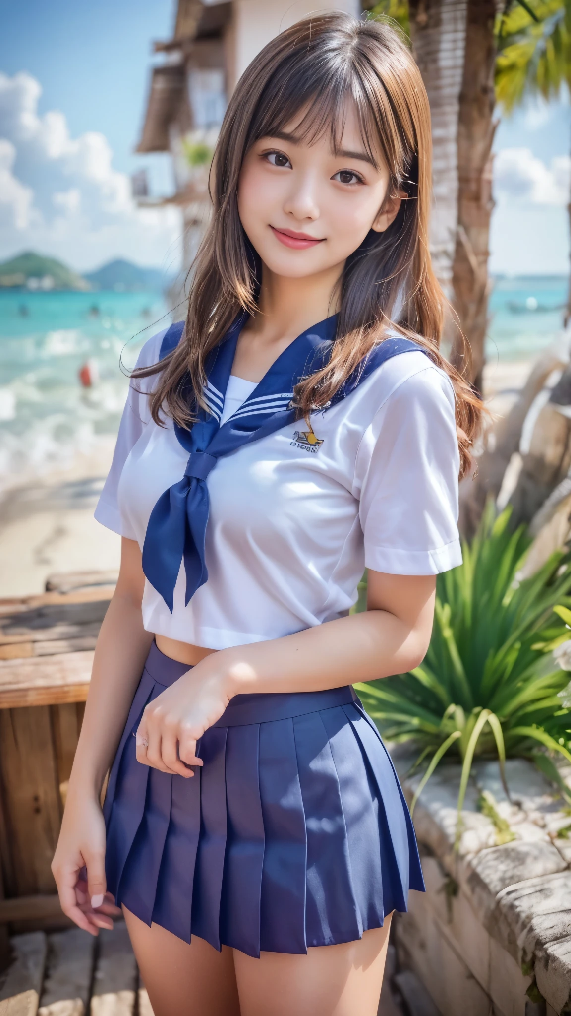 (best quality, 8k, 32k, masterpiece, UHD:1.2), (RAW photo), (realistic), (photorealistic:1.2), (high resolution), huge filesize, ultra-detailed, extremely beautiful face & eyes, 1girl, japanese elementary school student,14yo, 13yo, 12yo, round small face, baby face, thin waist, beautiful belly skin, large breasts, slim proportions, perfect thin thighs, small butt, (darkblue pleated mini skirt, japanese sailor, sailor fuku, serafuku, japanese school sailor suit, sailor red neckerchief), nice hands, perfect hands, accurate hand depiction, sweaty, shy smile, pure white teeth, from below, (blue sky, summer, sun, beach, palm tree, outdoors),