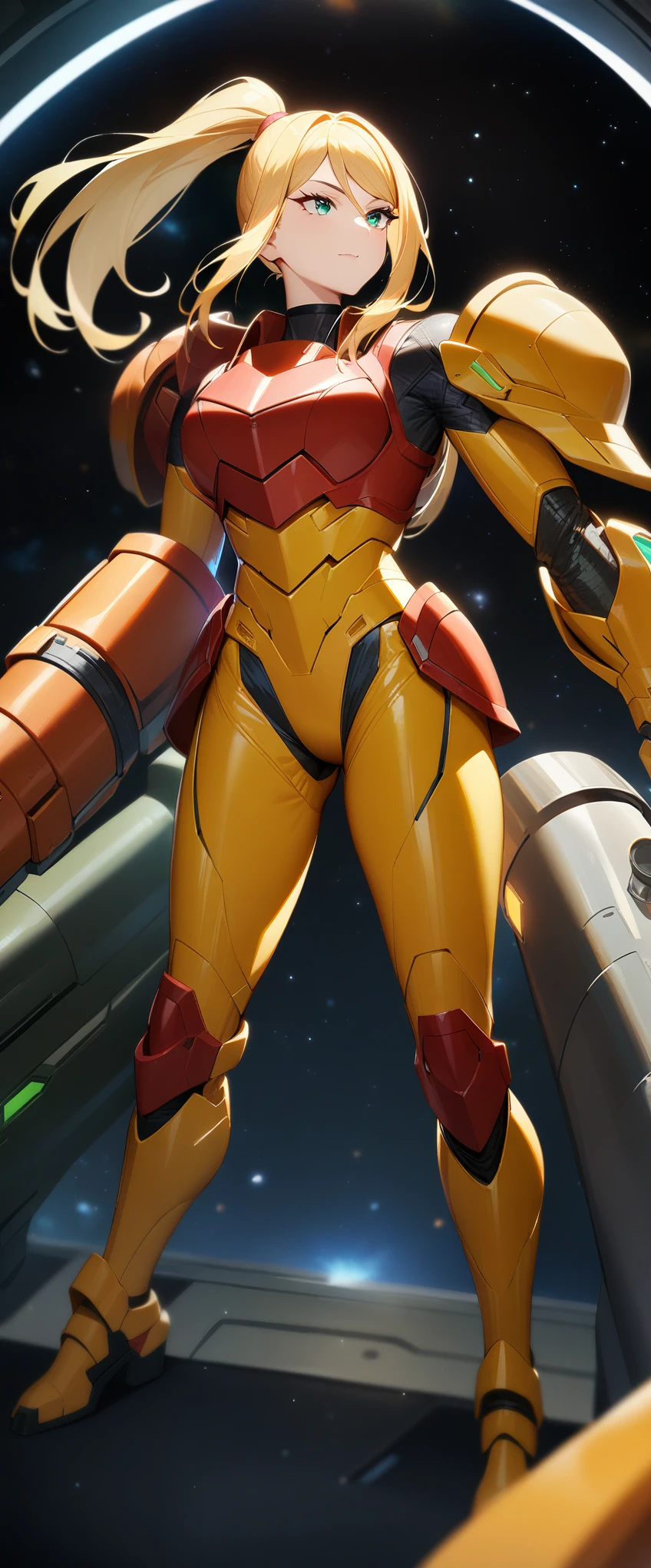 1girl,Samus aran,solo,green eyes,blonde hair,yellow and orange power armor,ponytail,upright,((red chest armor)), big shoulder armor,green arm cannon,full body,in space ship,standing,Science fiction,ultra-detailed,sharp focus,aesthetic,(best quality)