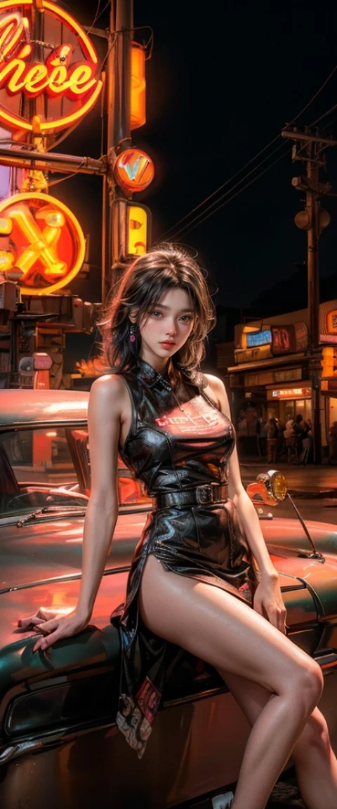 ((masterpiece, highest quality, Highest image quality, High resolution, photorealistic, Raw photo, 8K)), arafed view of a motel with a car parked in front of it, with neon signs, A woman waiting for a guest in front of a motel, seduction, short dress with exposed breasts and high heels, Open your legs and roll up your skirt, route 6 6, neon signs, 1 9 5 0 s americana tourism, some have neon signs, neon lights outside, neon advertisements, gigantic neon signs, neon shops, by Arnie Swekel, few neon signs, neon signs in background,