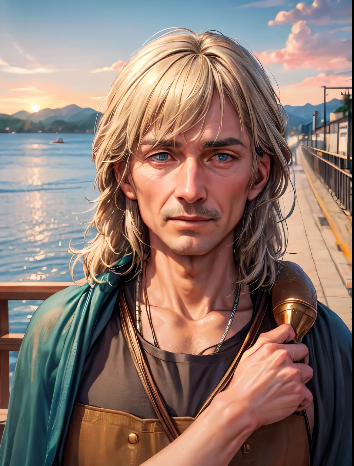 RAW photo, 8k UHD, high detailed skin, ((handsome german hippie, 50 yo, bavarian man)), green eyes, rule of thirds, eye-contact, masterpiece, photography, ultra realism, realistic, outdoors, golden hour, portrait, smiling, grey short hair, rocker style, DoF, harbor, sky, clouds, soft lighting, ( highly detailed skin:0.7),(film grain:1.3), 8k uhd, dslr, soft lighting, high quality, HDRI, Fujifilm XT3 Nikon D850