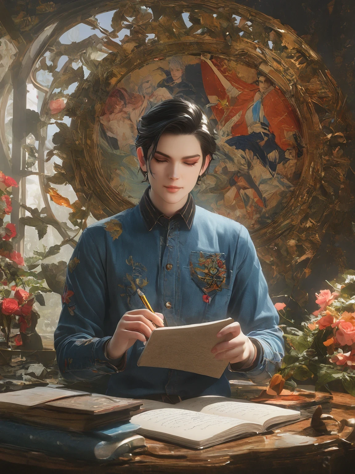 diy13，Highest quality, ultra-high definition, masterpieces, 8k, realistic, anime styled, 3d render，a close up of a person writing a book , jc leyendecker and sachin teng, james jean and wlop, james jean and peter mohrbacher, alphonse mucha and rossdraws, sachin teng, james jean marc simonetti, artgerm and james jean, in the art style of mohrbacher