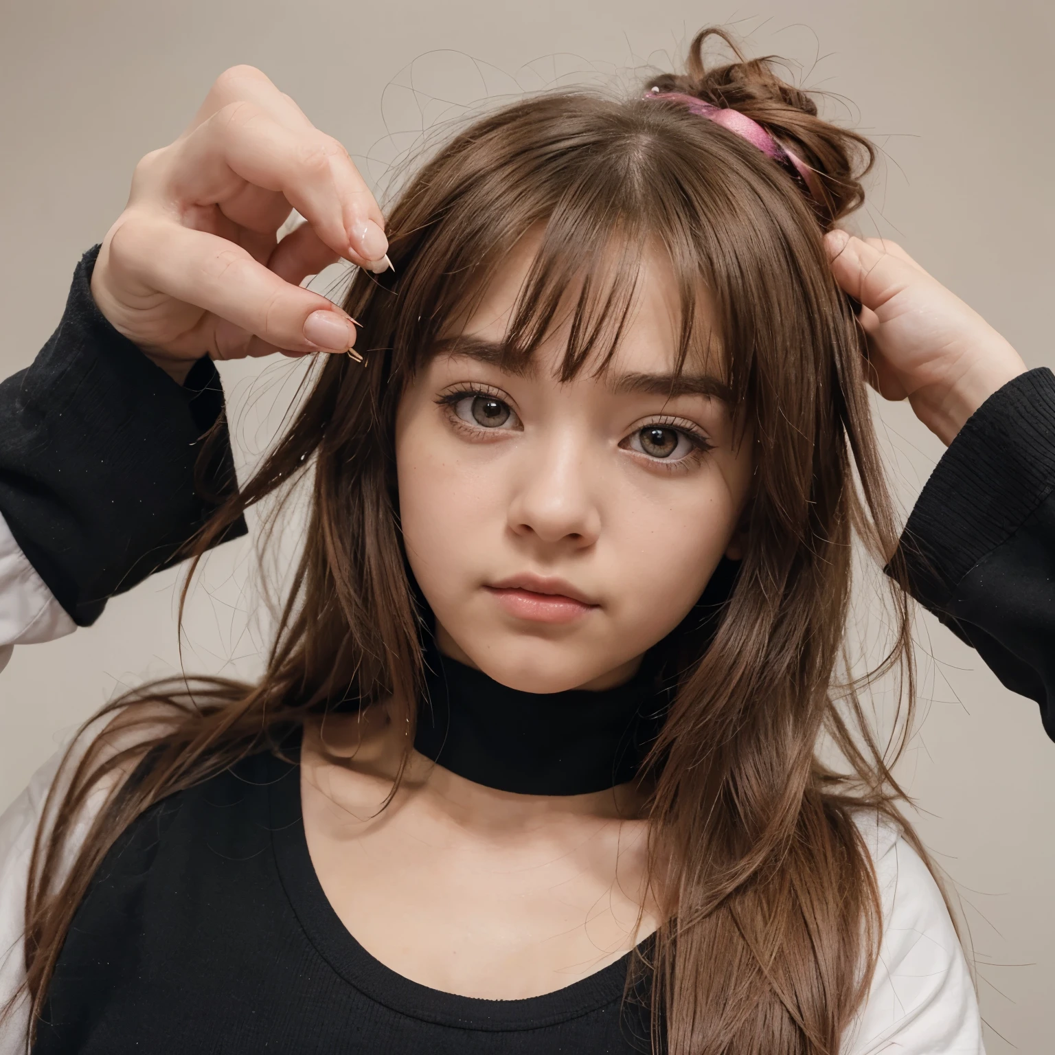A 16 year old girl, estilo anime de my hero academia, will have pink almond shaped eyes, Her hair will be straight brown with a pink underside., her hair will reach her hips. He will have bangs that cover little of his eyes, plus a serious expression on his face. On its head it will have two antennae as if they were cockroaches.. He will wear the and have a black cap..