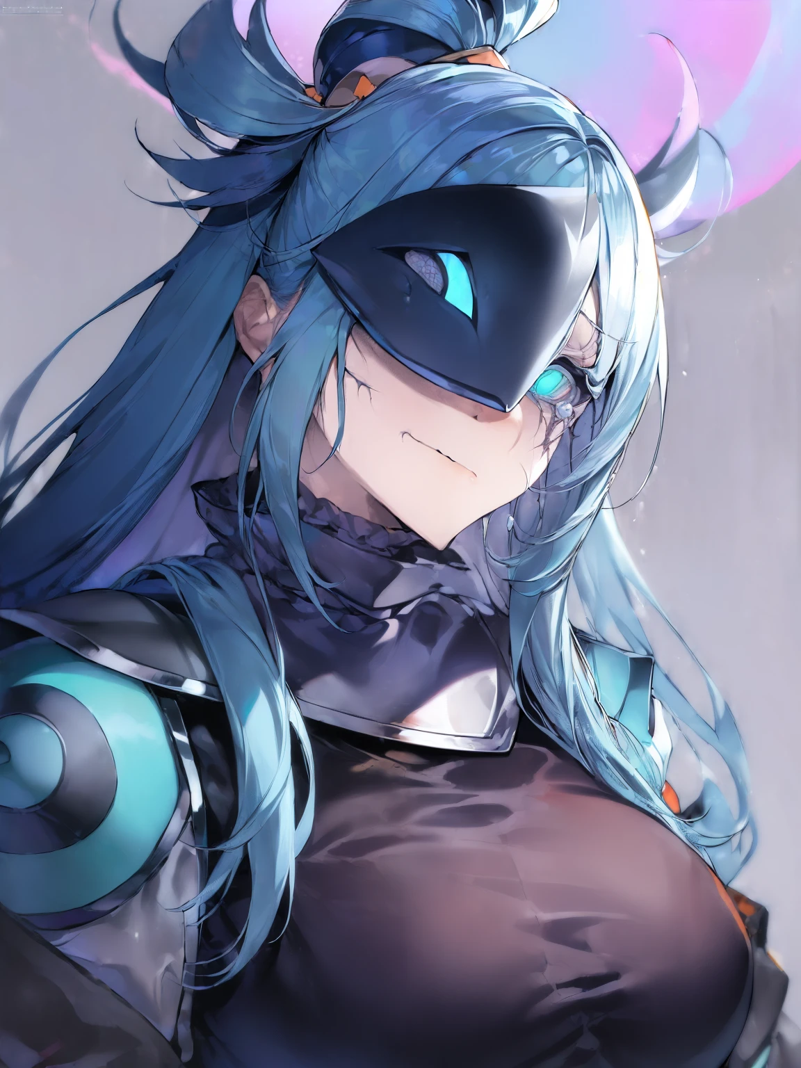 ((horror \(theme\):1.9)), ((full_mask, covered mouth, no human, covered eyes, tears, glowing, scar, helmet)), long hair, blue hair, turtleneck, ((upper body)), 