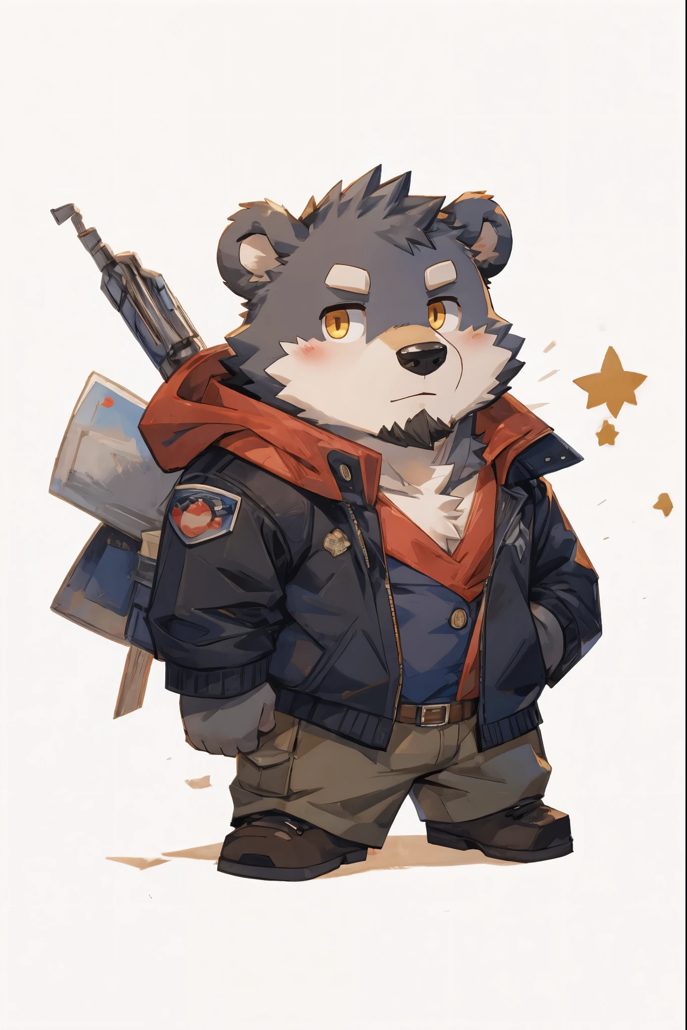(masterpiece:1.2), best quality,pixiv,official art, (1_male:1.3), (solo:1.2) , portrait , (muscle), (gray fur:1.4), (muscle bear), (bear tail), (beard:1.2), (gleaming golden eyes), Thick black eyebrows, open hoodie, naked inside, cargo shorts, boots, (white background:1.3) , Chibi version, chibi charater,(chibi:1.3)，(cute:1.2)