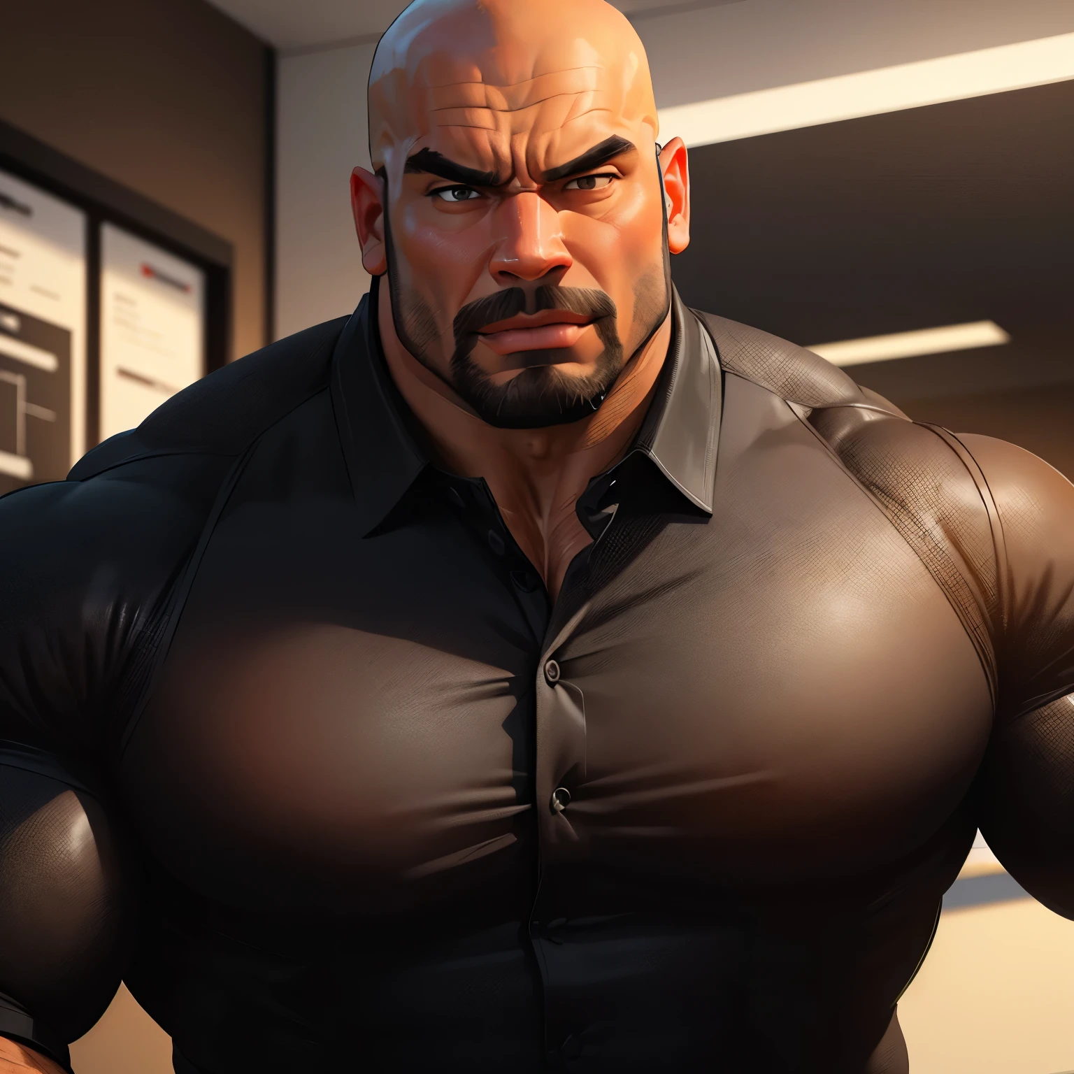an exaggeratedly muscular and large bald bodyguard, (beefy build: 1.1), mixed race, surprised expression, (wearing black business casual collared shirt: 1.2), name tag, (bara pecs: 1.3), (arm and chest hair: 1.1), close-up portrait HD, bright corporate office with large windows