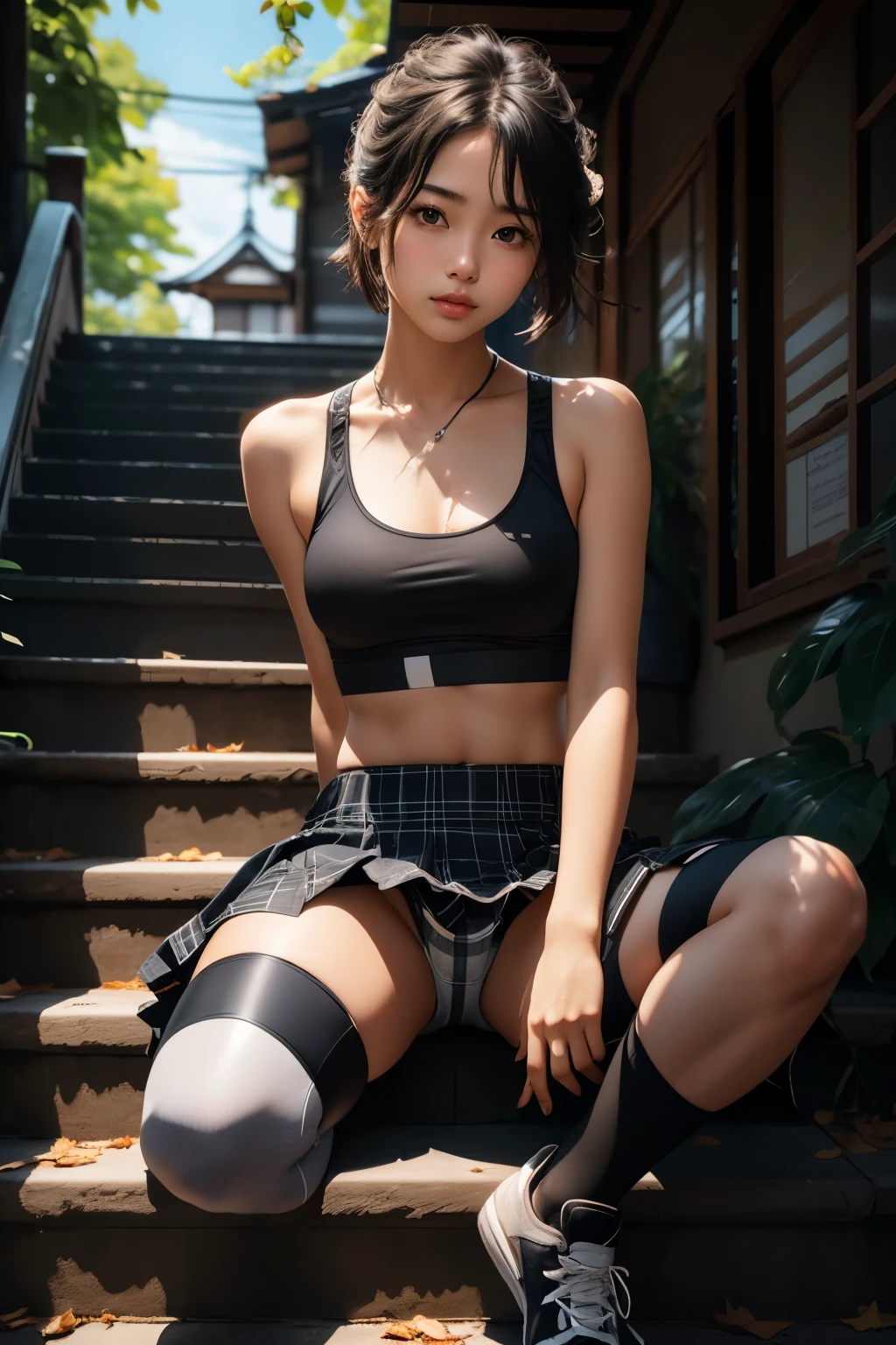 (Photographed with Canon EOS R5,Canon EF 24-70mm f/2.8L II,LED panel) , realistic, BREAK, 
solo focus, (full body shot:1.4),  BREAK, 
(1girl, flat chest :1.4), (high resolution detail of human skin texture : 1.5), (eyes are red and swollen), 
(1 Japanese girl ), brown eyes, nipples, hetero, parted lips, 
spread legs,  flat chest, lips,(:1.5),
perfectly proportions, breasts, looking at viewer,  brown short hair, skinny body, 
BREAK, 
(wearing  sports bra, wearing  short spats pants under skirt :1.4),  (black short spats pants:1.4),(plaid skirt:1.4), 
(Do not expose upper body, Do not take off  skirt:1.4), 
BREAK, 
(sitting down on stairs:1.5),  outdoors,
BREAK, 