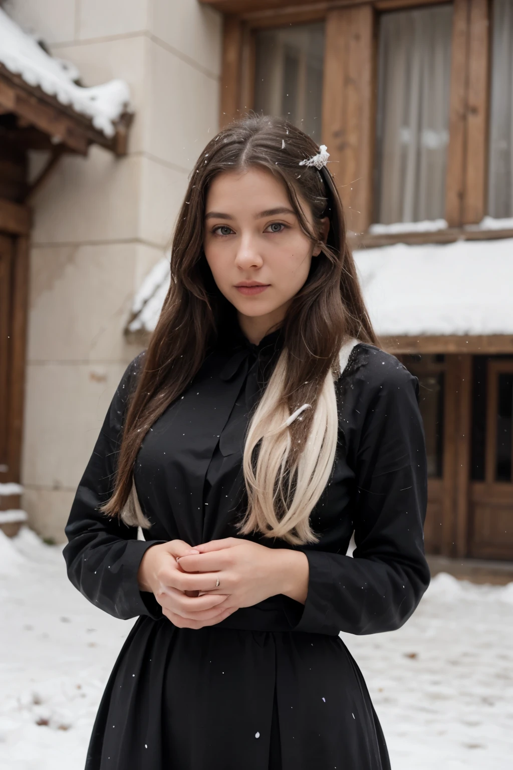(The image style of the house of dragons) Uma mulher jovem entre 19 e 22, with a little masculine features, but delicate appearance, seu rosto e muito belo, ela tem olhos violetas e um olhar marcante, seu nariz e um pouco fino, your lips are plump in moderation, e tem uma pintinha em baixo deles, her natural hair is white as snow but there are two black strands in her hair., ela em uma montanha, her clothing is a black medieval royal dress.