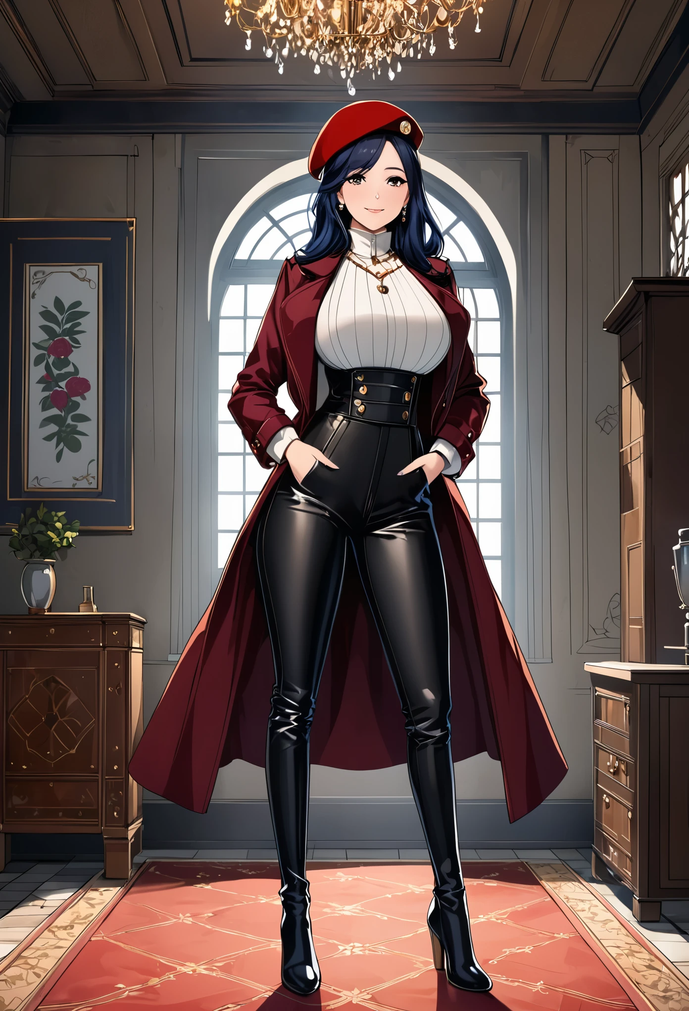 high quality, detailed image, Anime style, very rich woman, arrogant look and smile, Arrogant expression, long hair, lush breasts, in a tight aristocratic fencing costume with expensive jewelry and a short trench coat, without pouges, in leather boots, in tight trousers, wearing a beret, stands absolutely alone in the aristocrat's room, medieval fantasy