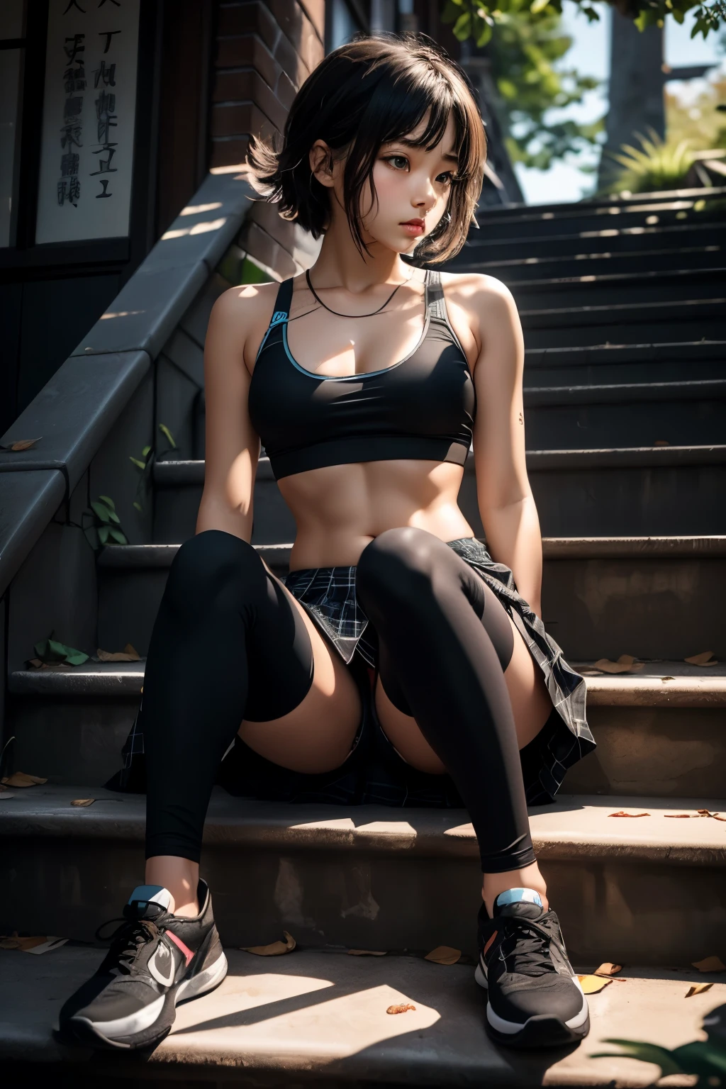 (Photographed with Canon EOS R5,Canon EF 24-70mm f/2.8L II,LED panel) , realistic, BREAK,
solo focus, (full body shot:1.4), BREAK,
(1girl, flat chest :1.4), (high resolution detail of human skin texture : 1.5), (eyes are red and swollen),
(1 Japanese girl ), brown eyes, nipples, hetero, parted lips,
spread legs, flat chest, lips,(:1.5),
perfectly proportions, breasts, looking at viewer, brown short hair, skinny body,
BREAK,
(wearing sports bra, wearing short spats pants under skirt :1.4), (black short spats pants:1.4),(plaid skirt:1.4),
(Do not expose upper body, Do not take off skirt:1.4),
BREAK,
(sitting down on stairs:1.5), outdoors,
BREAK,