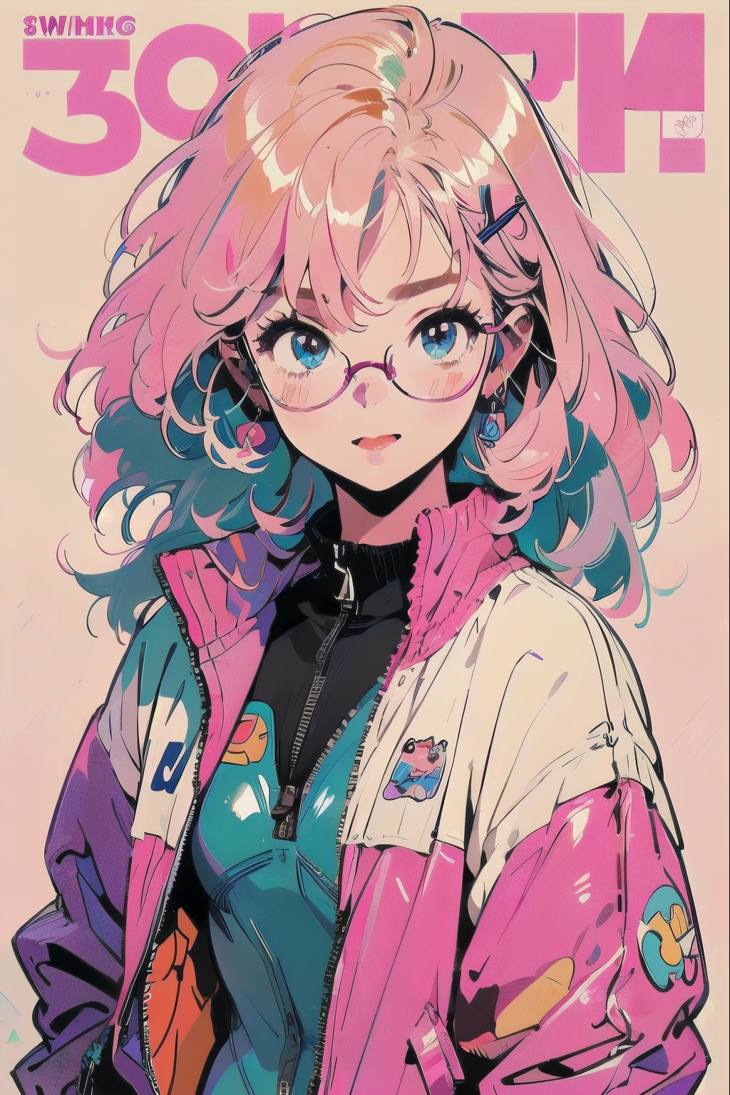 pink hair, shiny hair, Pink and light blue eyes, pink eyelashes, Beautiful Girls in Anime ,clean small surfaces,  (magazine cover:1), ((From before:1.3))、((Glasses)), (Lots of stickers:1.5), 1 cute girl, highest quality、ウルトラ - High resolution、High resolution、Detailed CG、8k unit wallpaper、************、fine and beautiful eyes,  (((Different types of colorful super shiny latex swimsuits)))、(shiny body,:1.5)、((Mr.々street fashion、oversized zip-up blouson、long socks、tech sneakers))、Breast augmentation、blush, full of embarrassment、(Ahegao:1.5, stick out tongue), ((portrait))