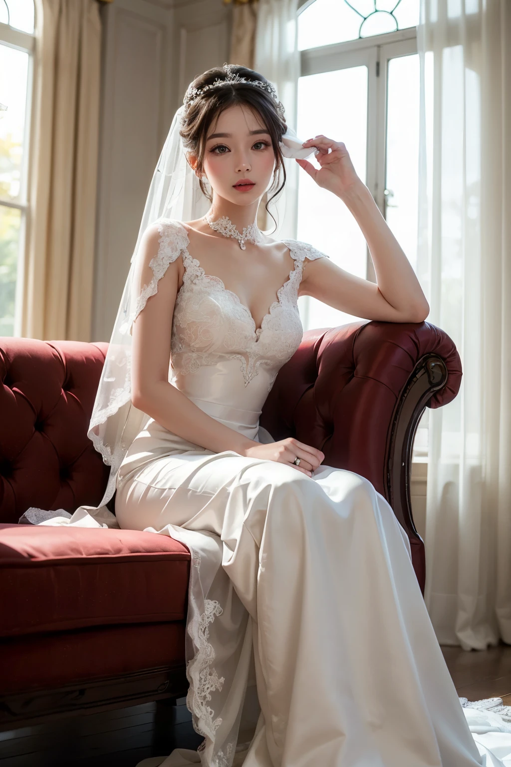 ((best quality)), ((masterpiece)), (detailed), perfect face, Araffed woman sitting in wedding dress, korean beauty, Pure white elegant wedding dress, Veil reaching to the floor, Sunlight shining on white curtains, different actions,