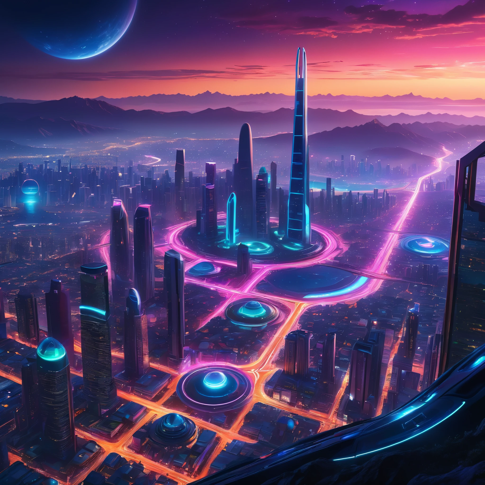 (highest quality,4k,8K,High resolution,masterpiece:1.2),Super detailed,(realistic,photorealistic,photo-realistic:1.37),exotic landscape,Looking out over a futuristic alien city,futuristic buildings and glowing lights [SF],Bright colors,glowing neon lights,towering skyscrapers,Alien technology blends seamlessly with nature,fantastic atmosphere,Otherworldly feeling