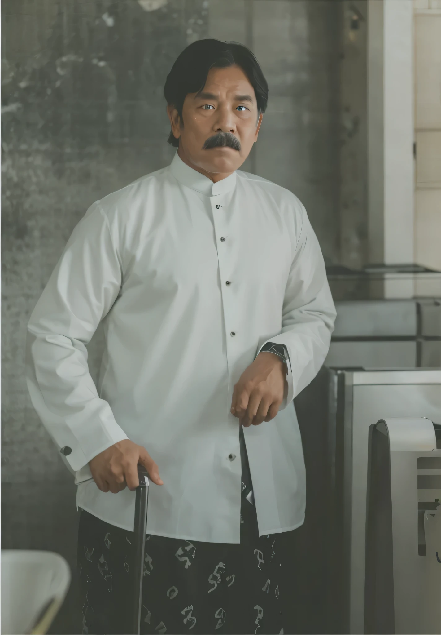 portrait of a man with a thick black mustache, black head covering, white button-up shirt, and black patterned batik sarong, standing