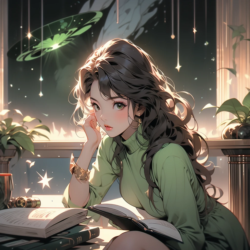hitomi tanaka, Green Lantern sitting on a research platform floating in the middle of the asteroid belt. she studies with a notebook, surrounded by several asteroids glowing with a fiery aura. Dramatic lighting from distant stars and planets illuminates the scene, casting deep shadows on the costume. The young woman looks confident and determined, looking at the vast and mysterious universe with wonder and respect, facial hair, cowboy shot,