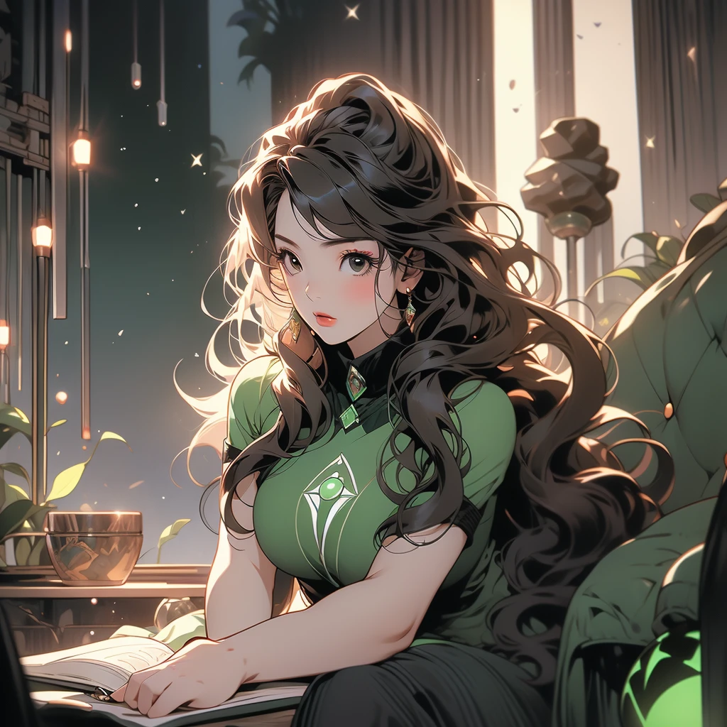hitomi tanaka, Green Lantern sitting on a research platform floating in the middle of the asteroid belt. she studies with a notebook, surrounded by several asteroids glowing with a fiery aura. Dramatic lighting from distant stars and planets illuminates the scene, casting deep shadows on the costume. The young woman looks confident and determined, looking at the vast and mysterious universe with wonder and respect, facial hair, cowboy shot,