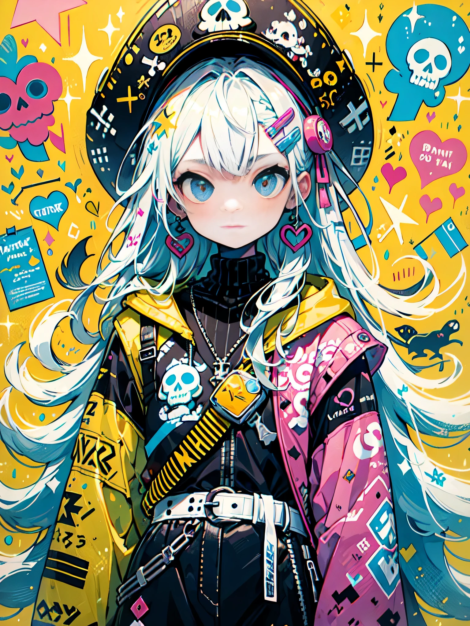 akira toriyama style、"cute, beautiful, Adorable girl wearing pink clothes, yellow, and baby blue color scheme. She is wearing a costume with a SKULL motif inspired by a female pirate.。.。.。.。.... Stylish hats, rock、Comes with decorative accessories such as hair clips. Embodying the vibrant and modern Harajuku fashion style。."
