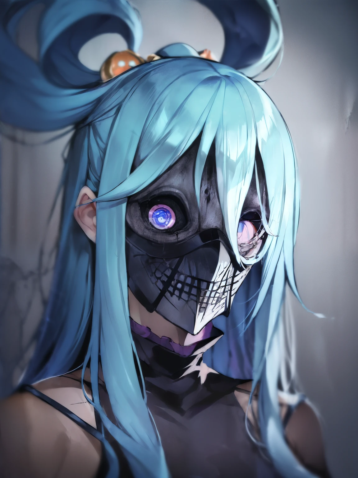 ((horror \(theme\):1.9)), ((full_mask, covered mouth, no human, covered eyes, tears, glowing, scar, helmet)), long hair, blue hair, turtleneck, ((upper body)), 